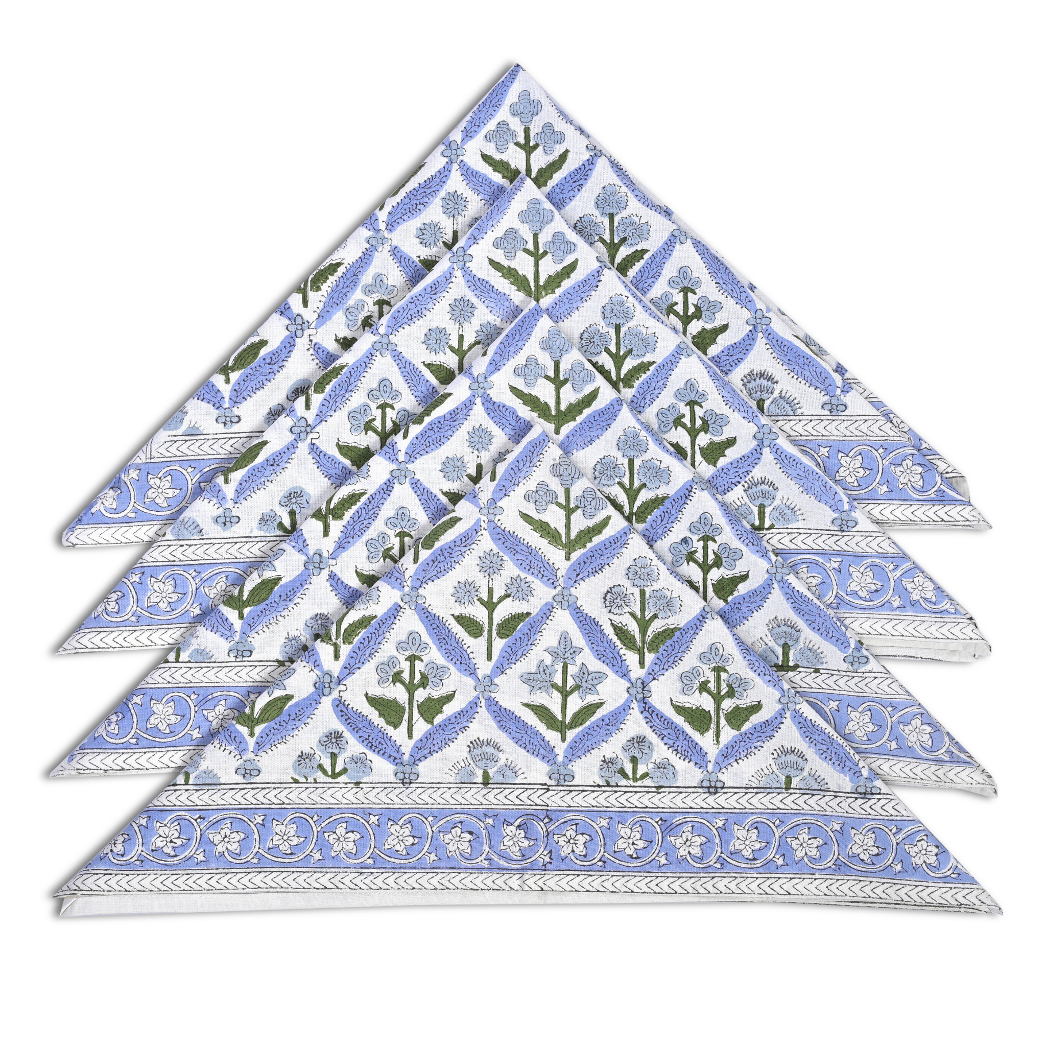 Set of six floral patterned napkins stacked on a white background