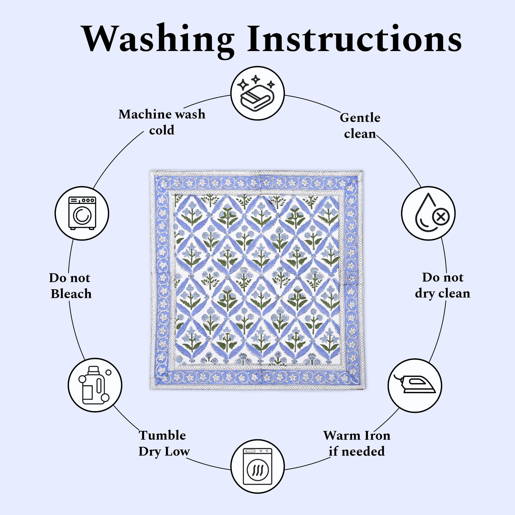 Washing instructions for a fabric product with icons and text on a light blue background.