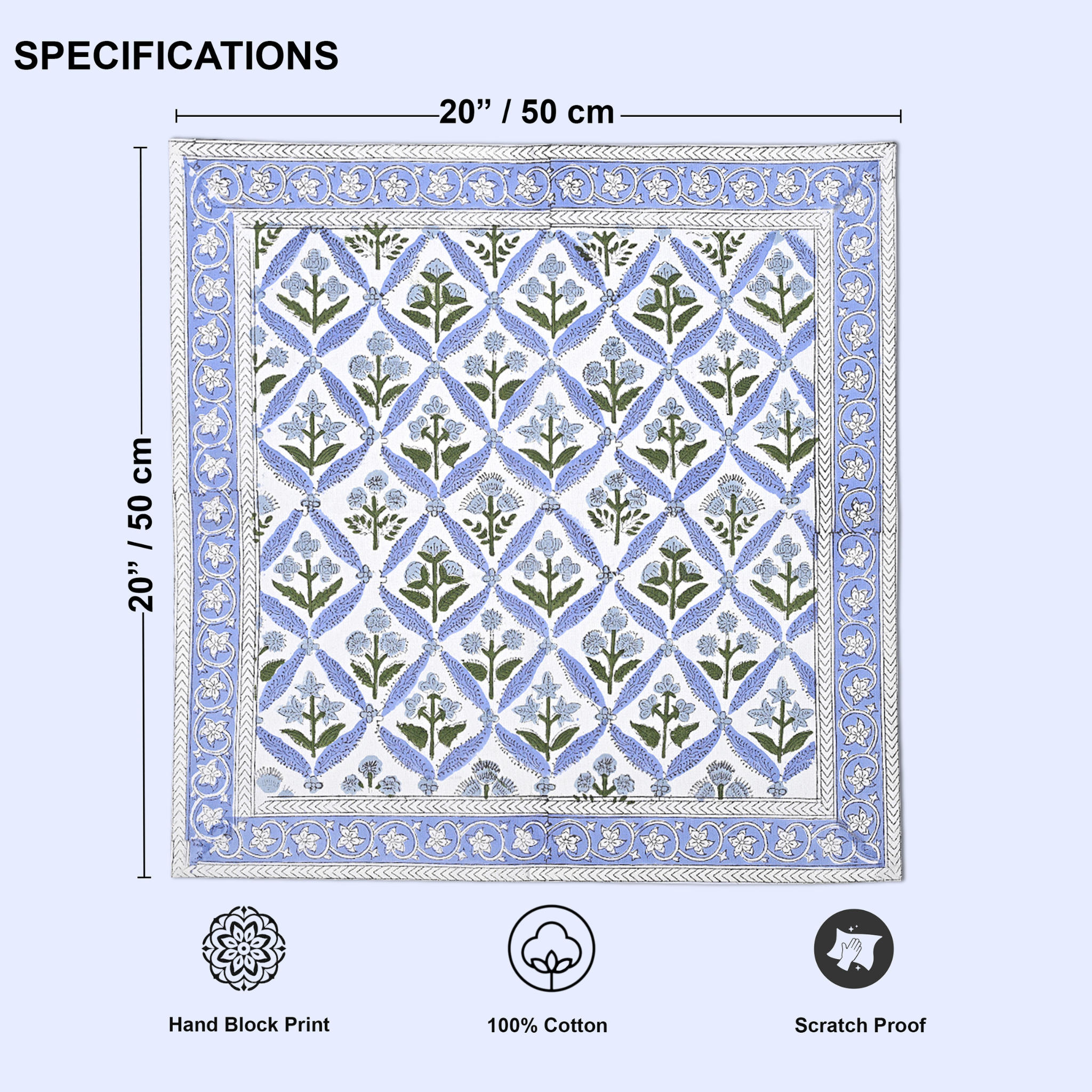 Decorative mat with floral pattern and measurements on a light blue background