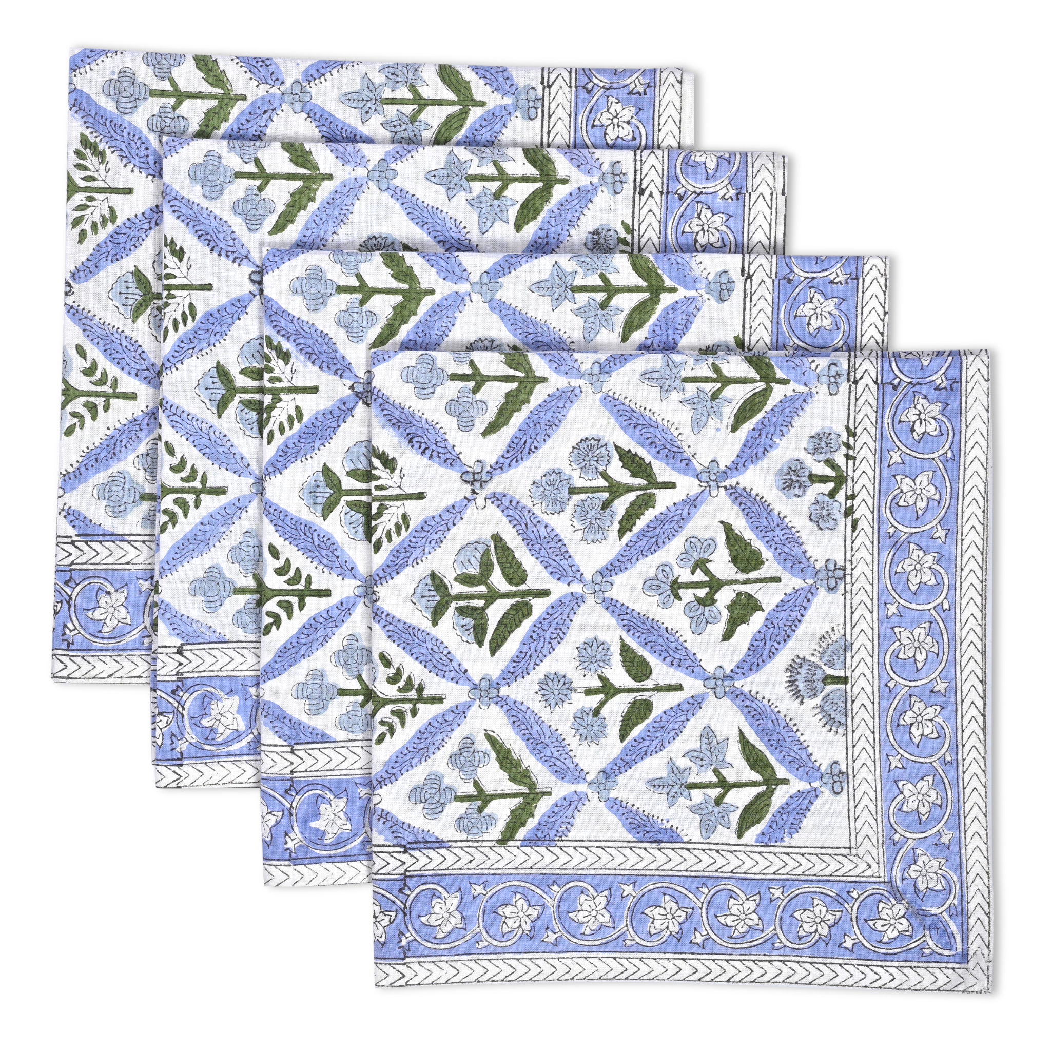 Set of three patterned napkins with blue and green design on a white background