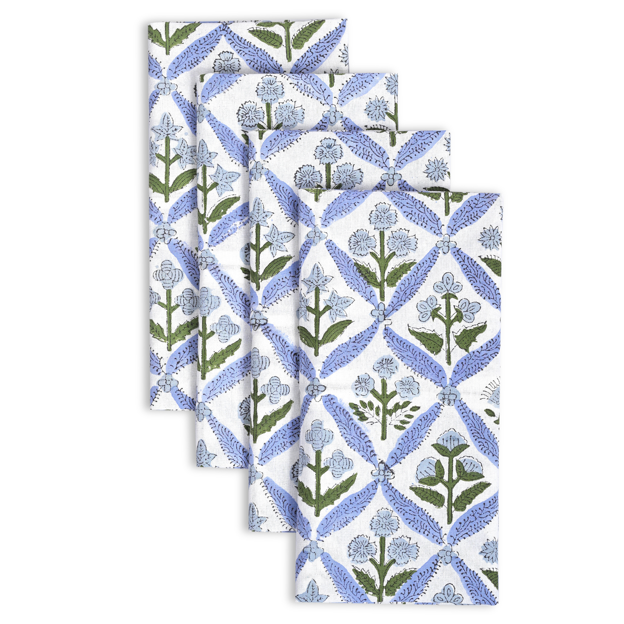 Set of three folded fabric swatches with a floral pattern on a white background
