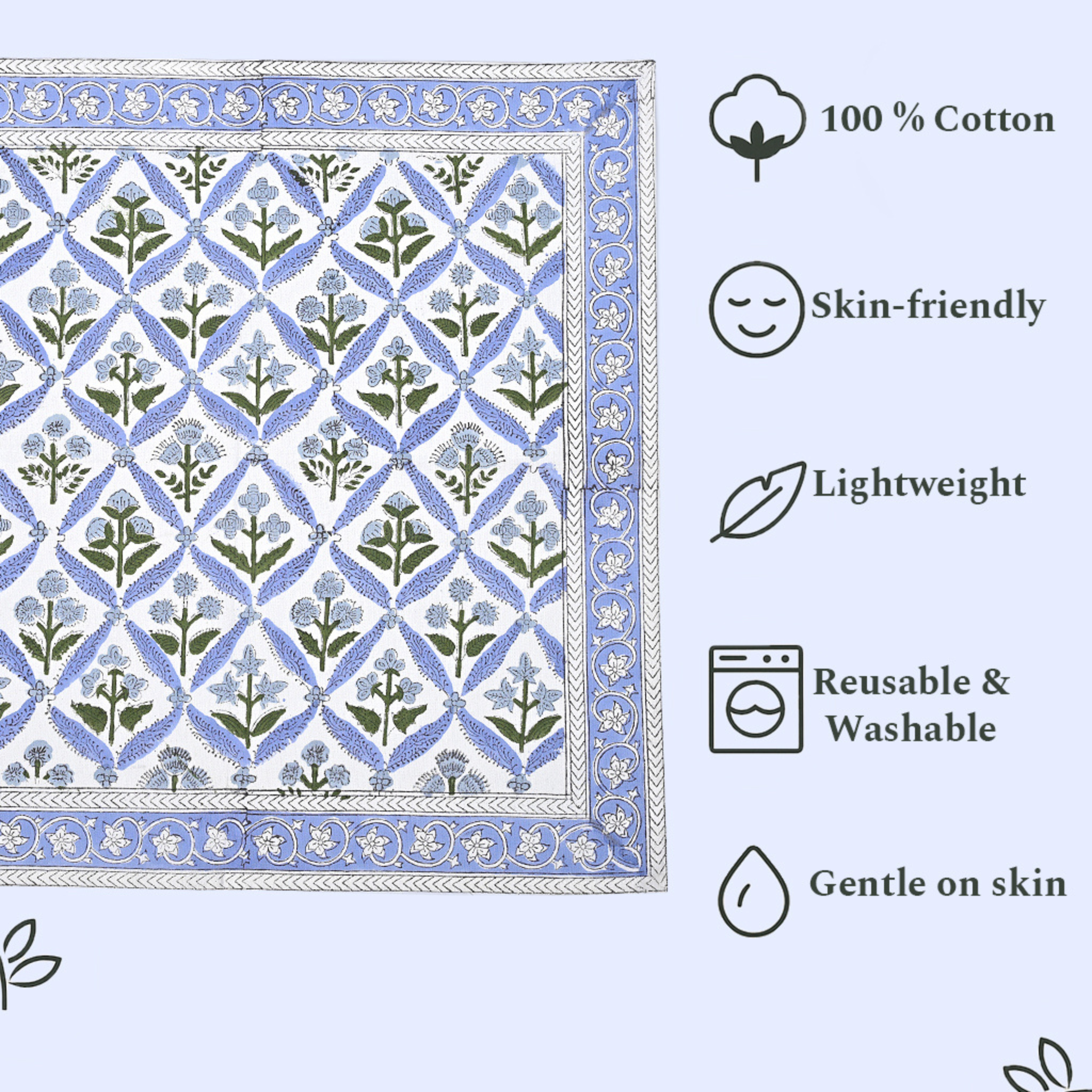 Cotton fabric with floral pattern and product features on a light blue background