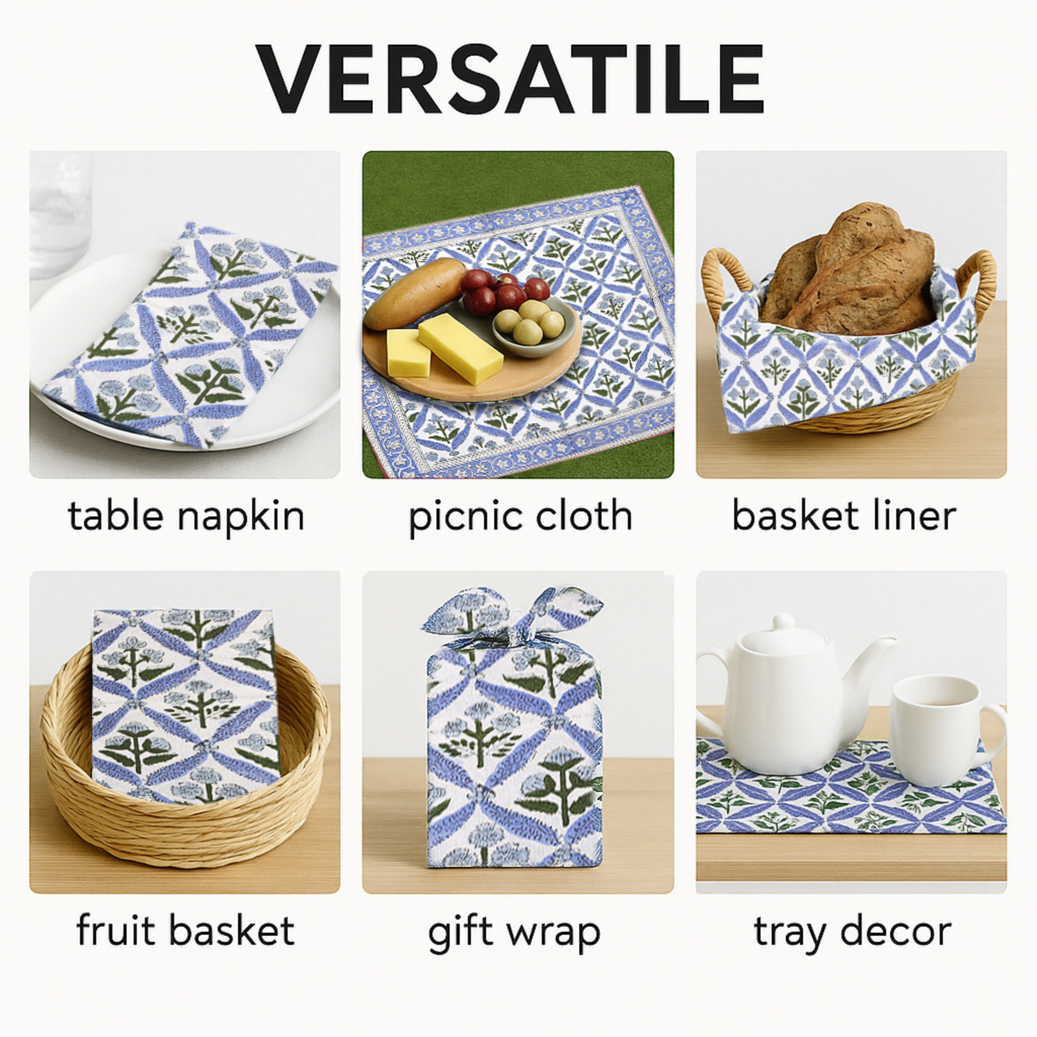 Versatile tablecloth used as a table napkin, picnic cloth, basket liner, fruit basket, gift wrap, and tray decor.