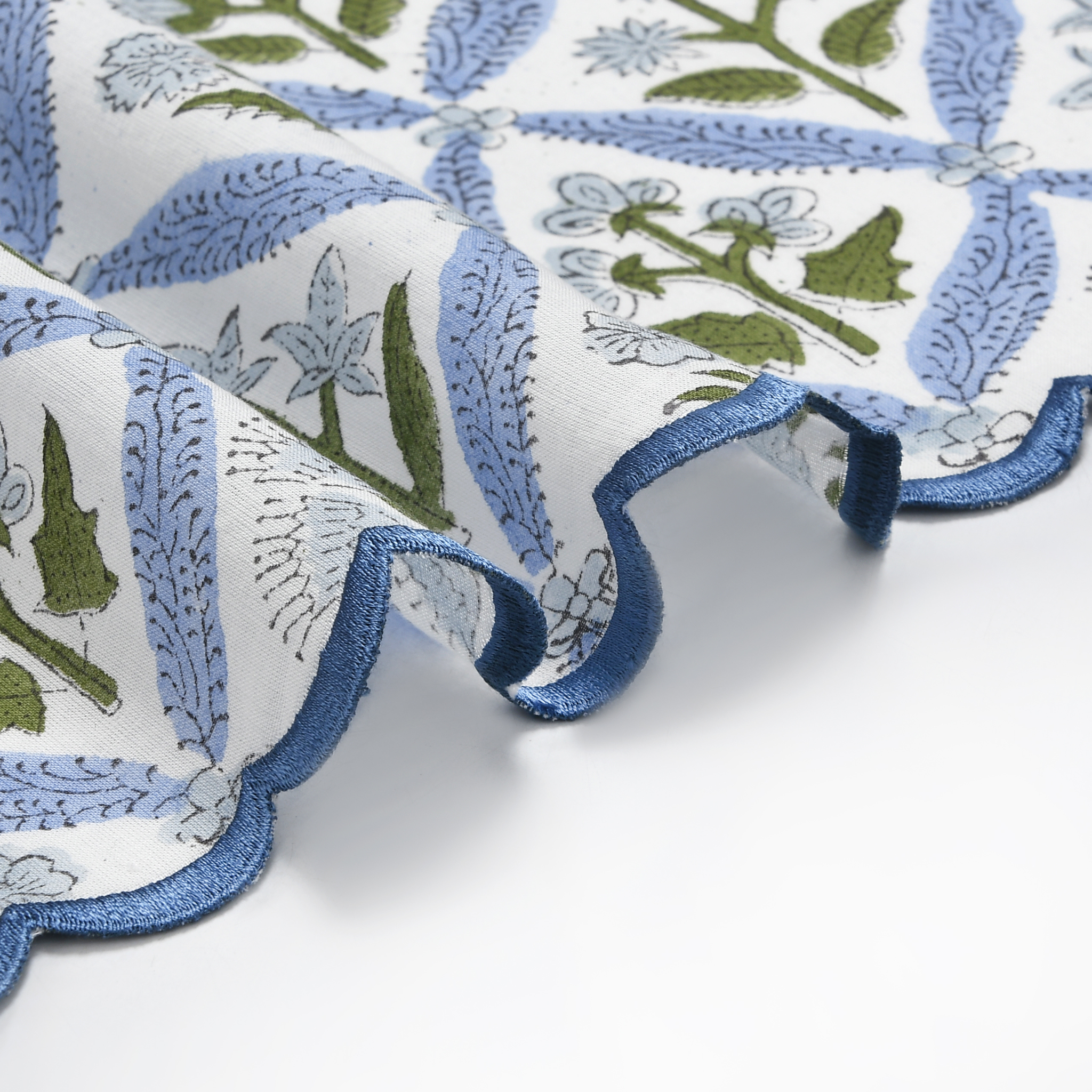 Close-up of a fabric with blue and green floral patterns on a white background