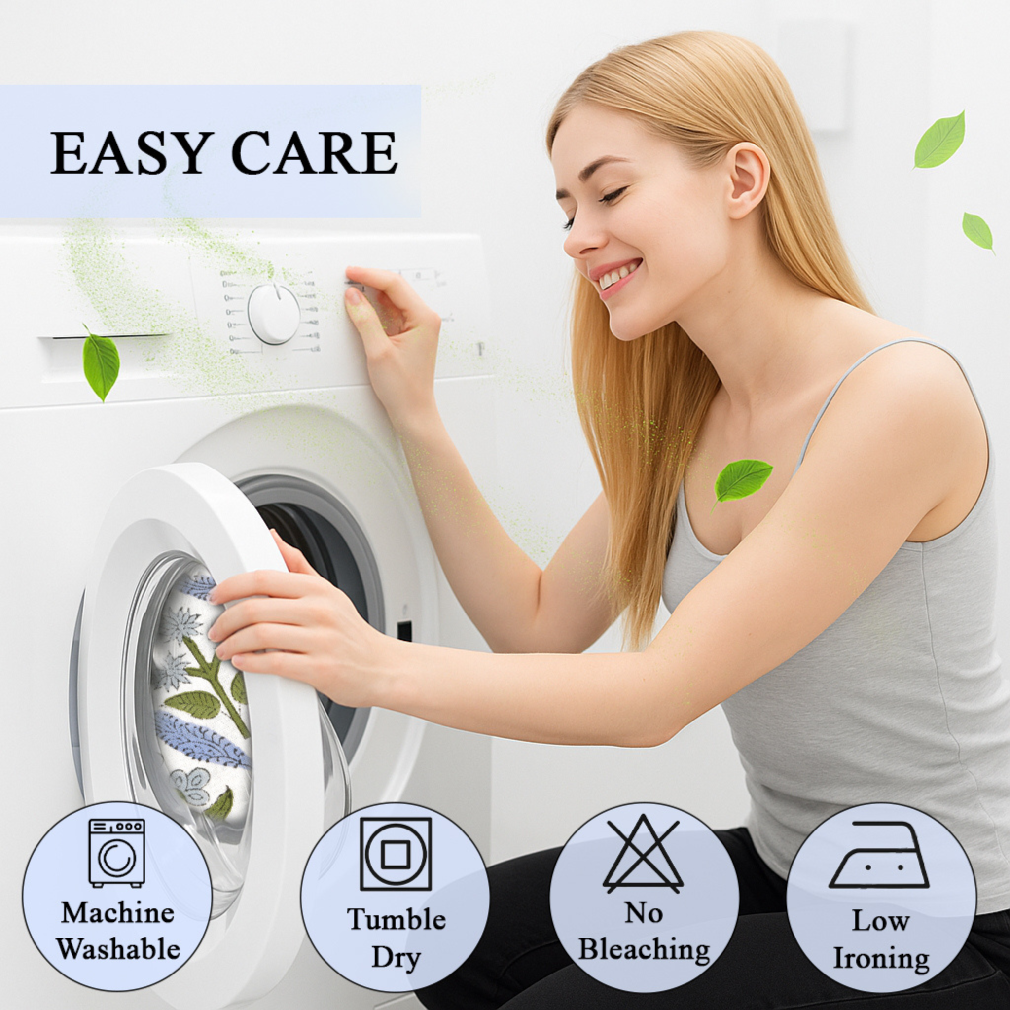 Woman interacting with a washing machine with icons indicating care instructions.