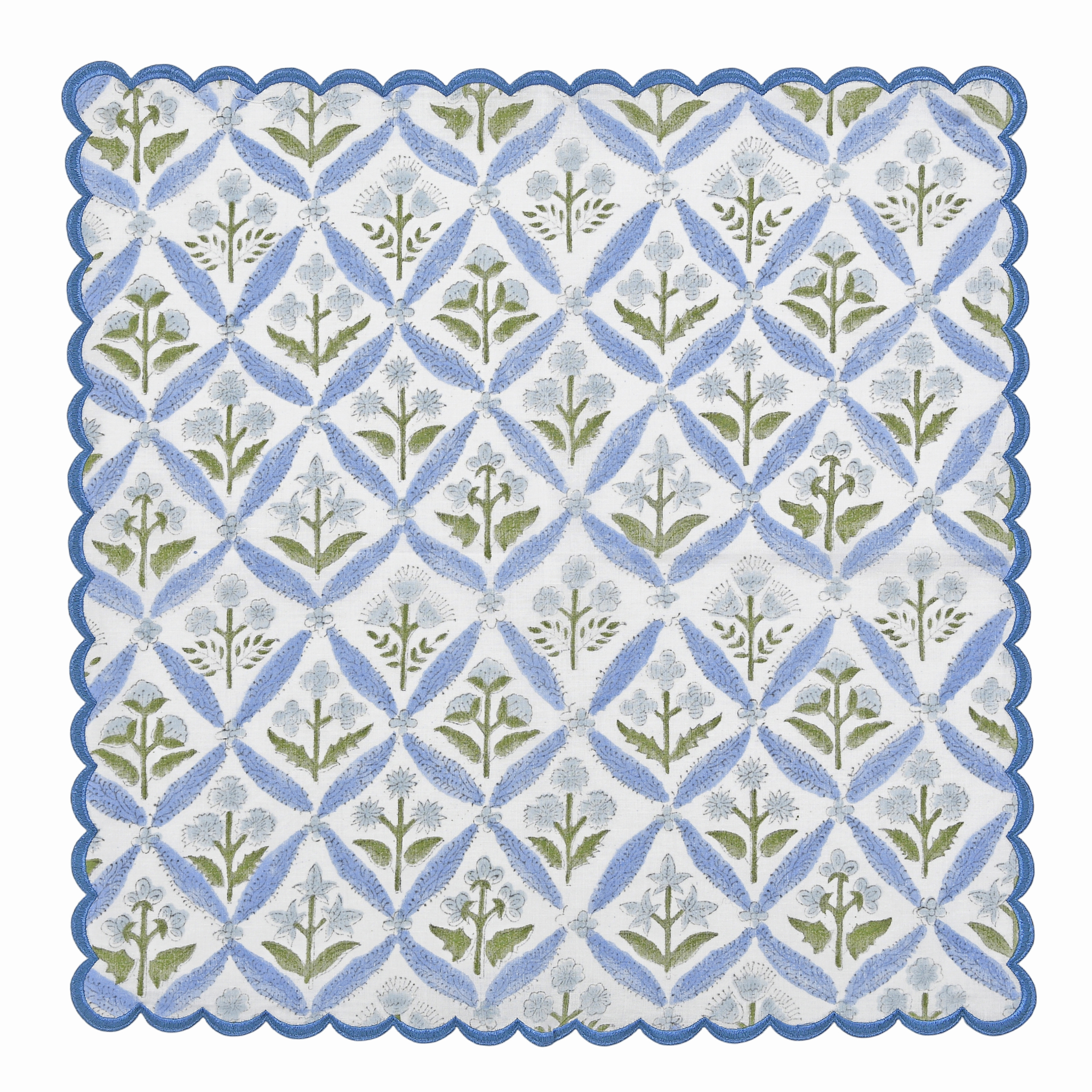 Patterned fabric with blue and green floral design on a white background