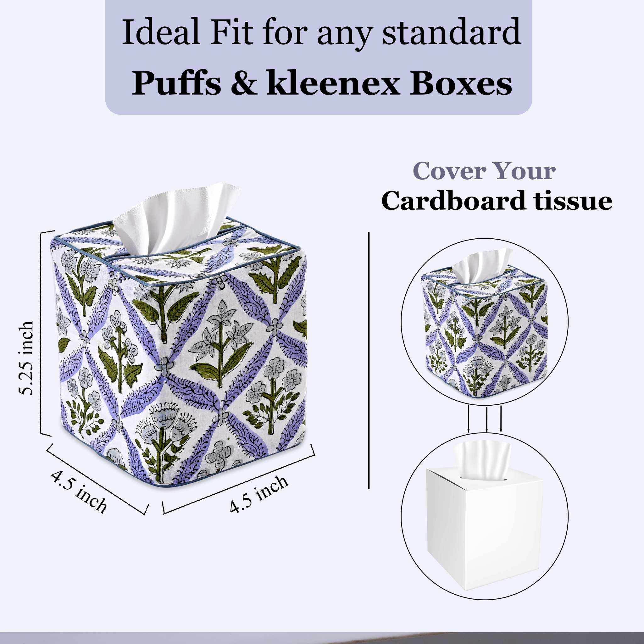 Tissue box cover with floral pattern on a white background