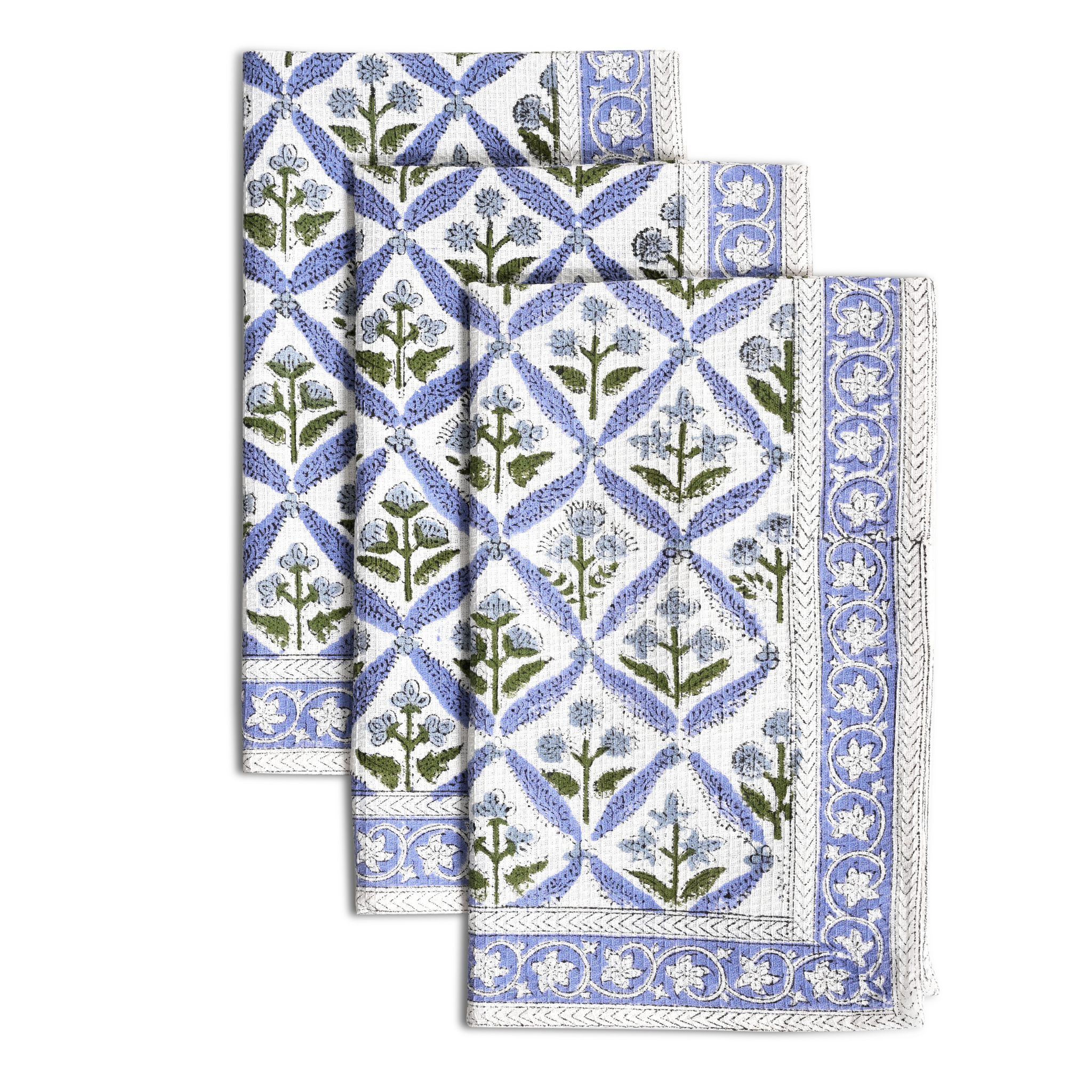Set of three decorative towels with blue and green floral pattern on a white background
