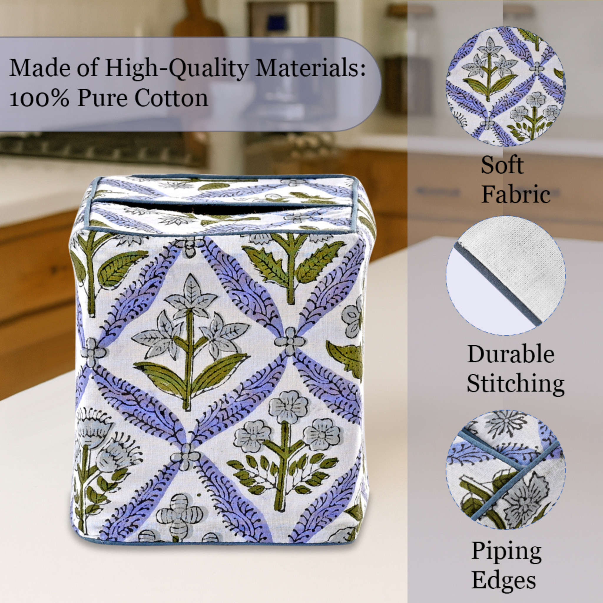 Decorative box with floral pattern on a kitchen counter, featuring text about material quality.