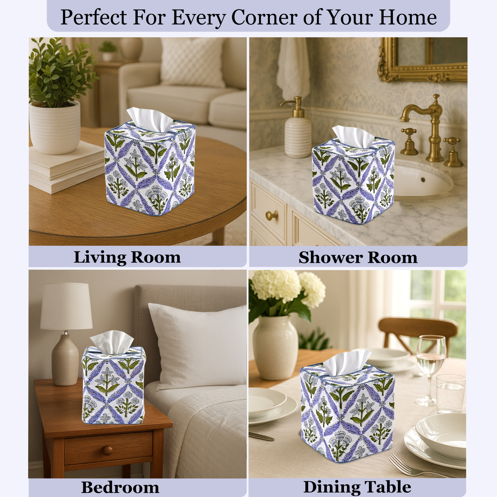 Tissue box with decorative pattern in various home settings.