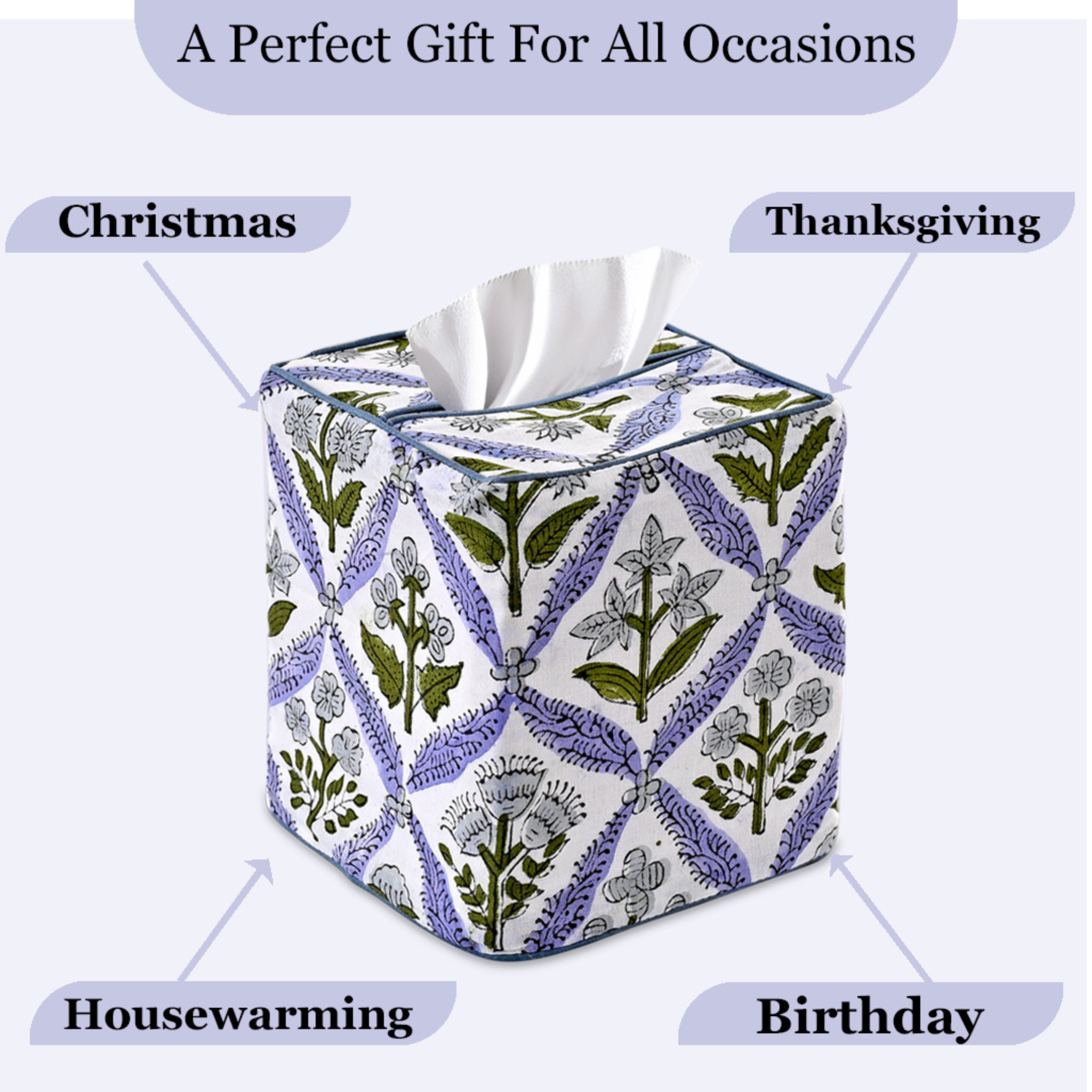 Floral patterned tissue box cover with text indicating occasions