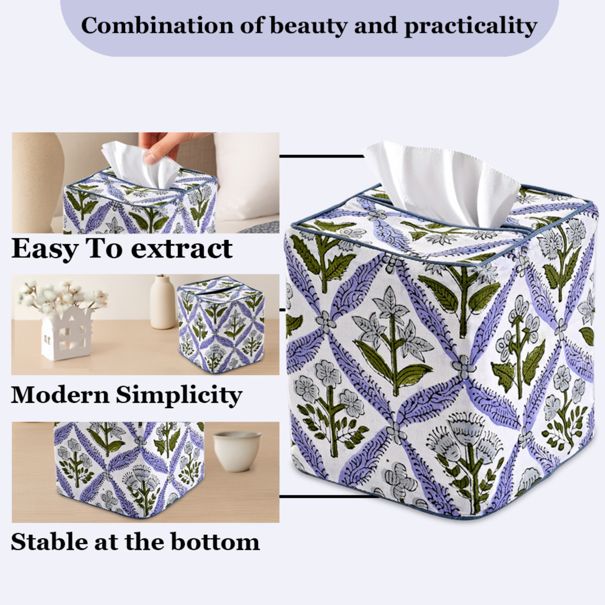 Floral patterned tissue box cover with text highlighting features