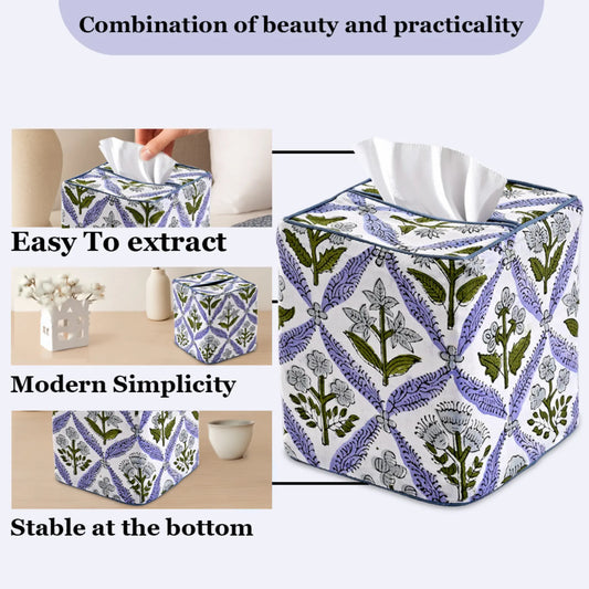 Floral patterned tissue box cover with text highlighting features