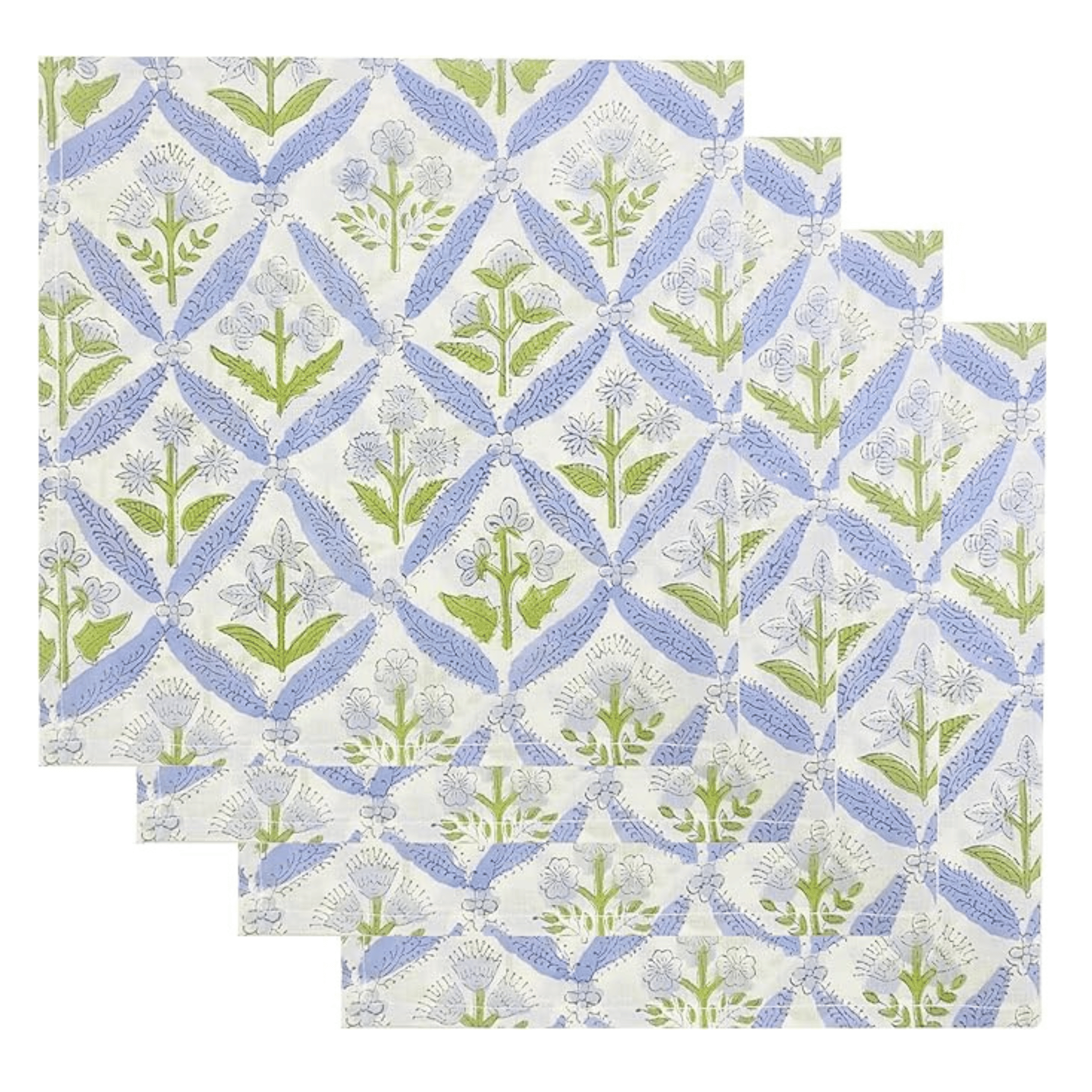 Two floral patterned placemats with green and blue design on a white background