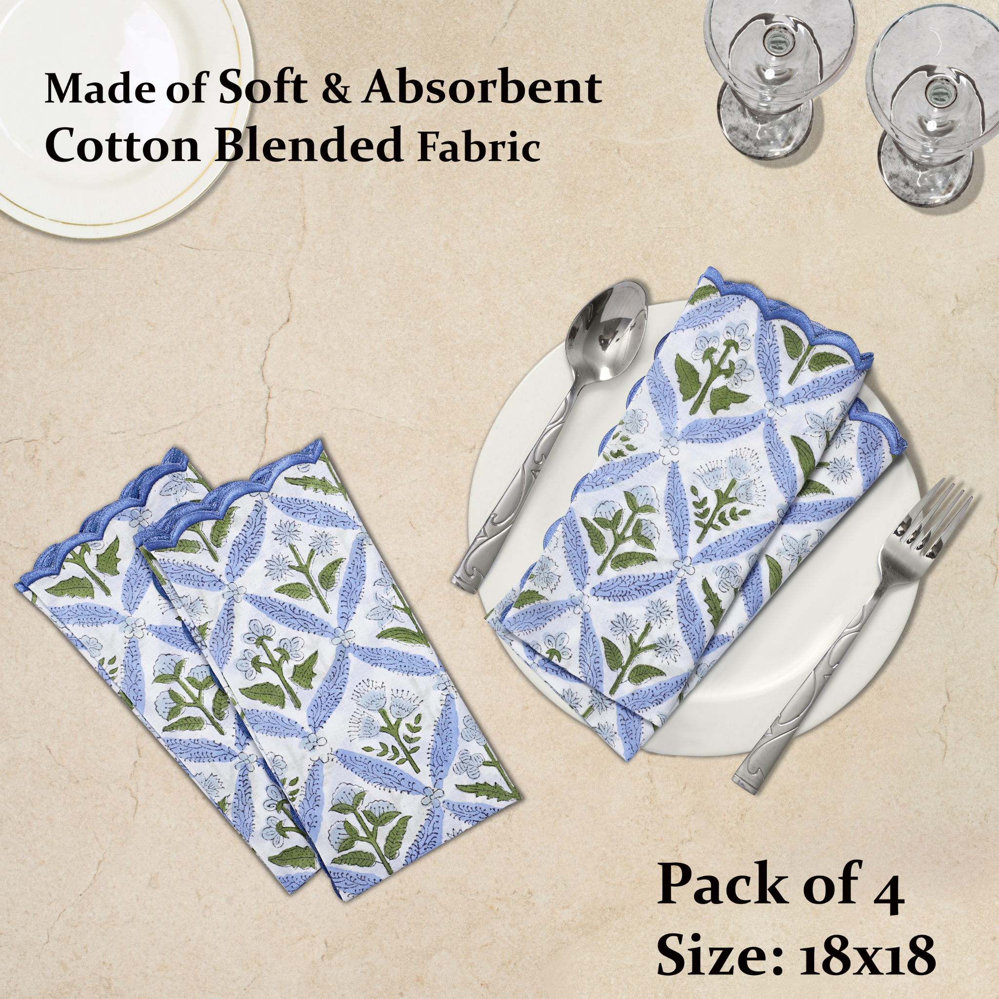 Pack of 4 patterned napkins on a beige surface with cutlery.