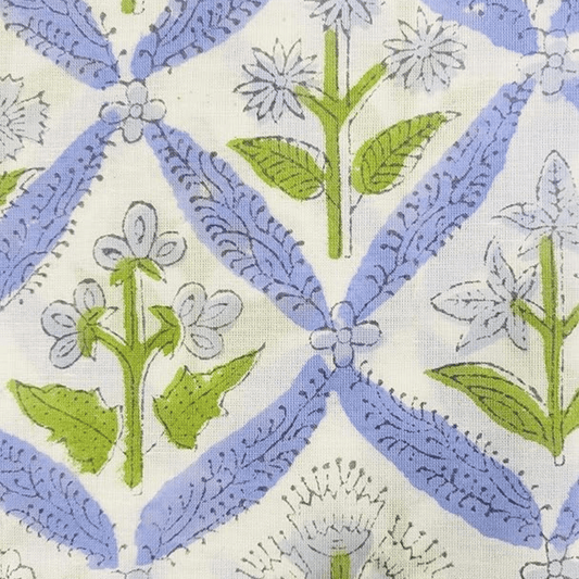 Patterned fabric with blue and green floral design on a white background