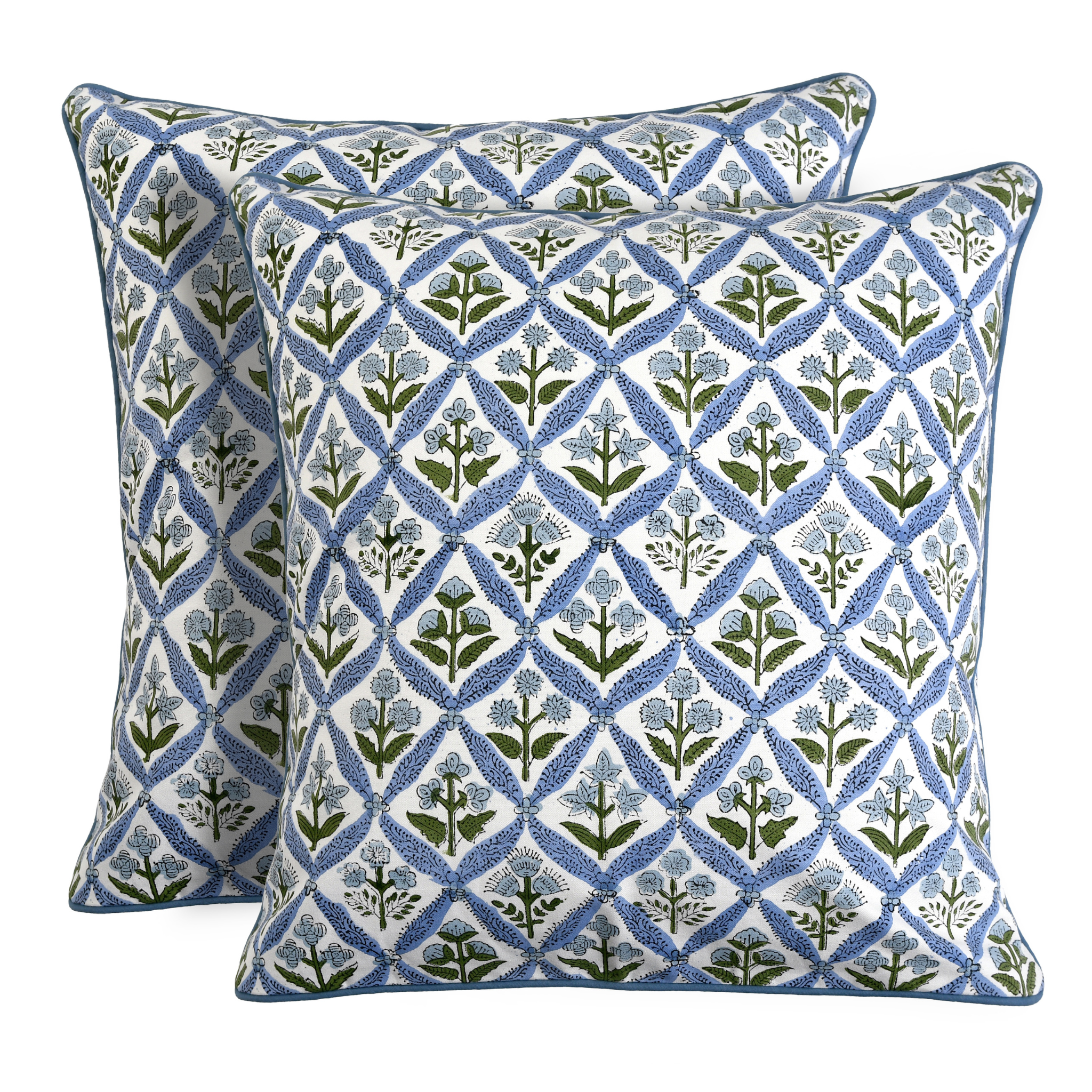 Two decorative pillows with a blue and green geometric pattern on a white background