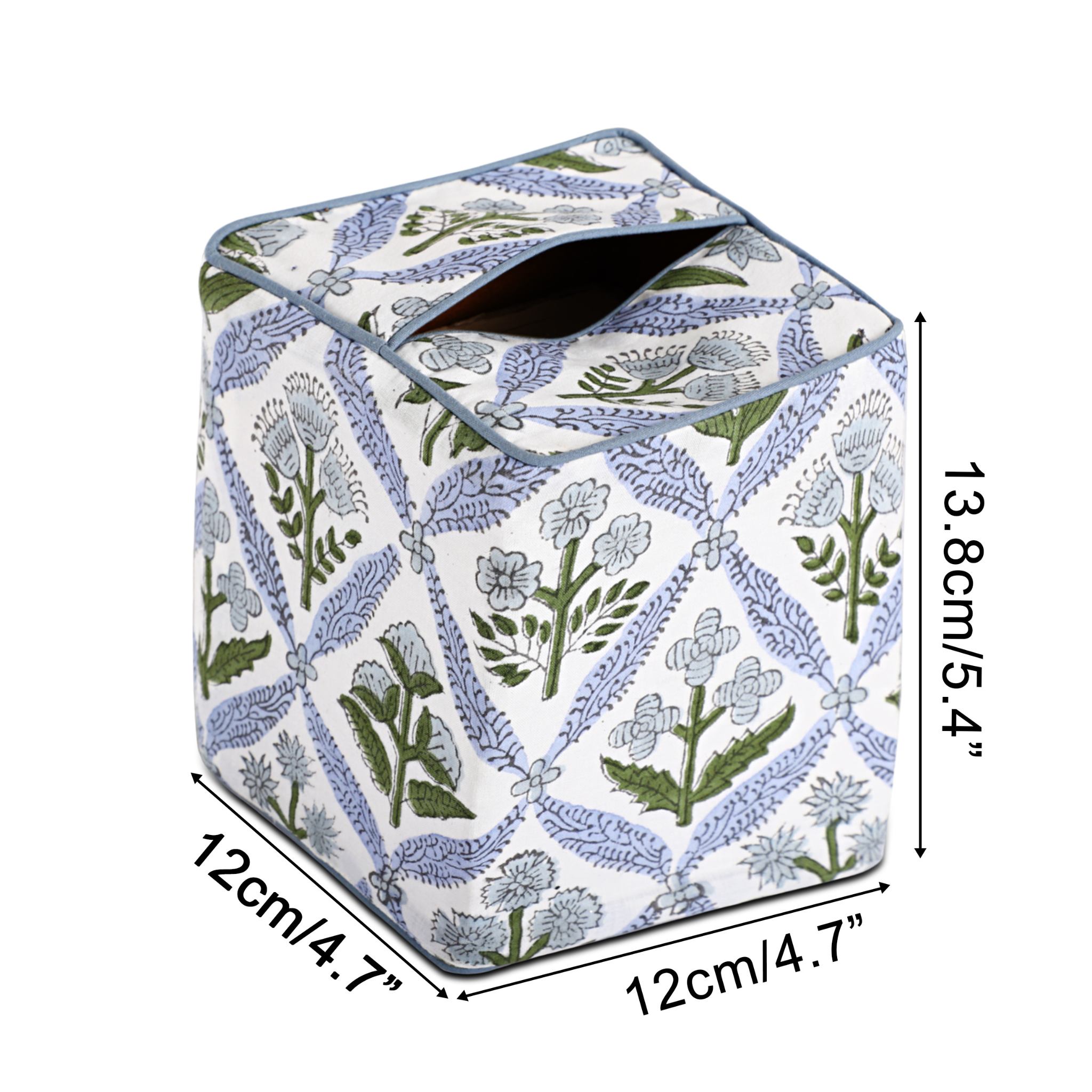 Floral patterned tissue box cover with dimensions indicated