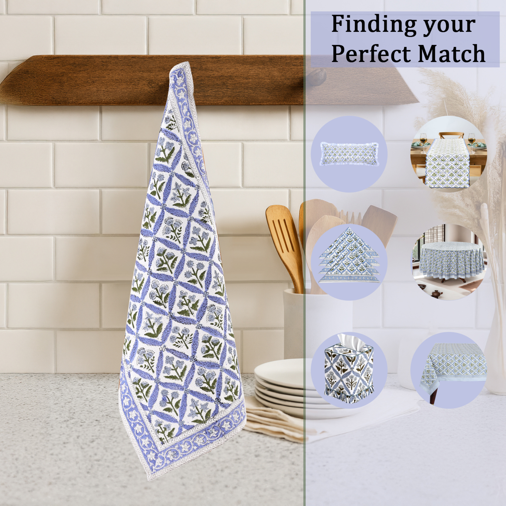 Patterned towel hanging on a wooden rack with decorative elements on the right.