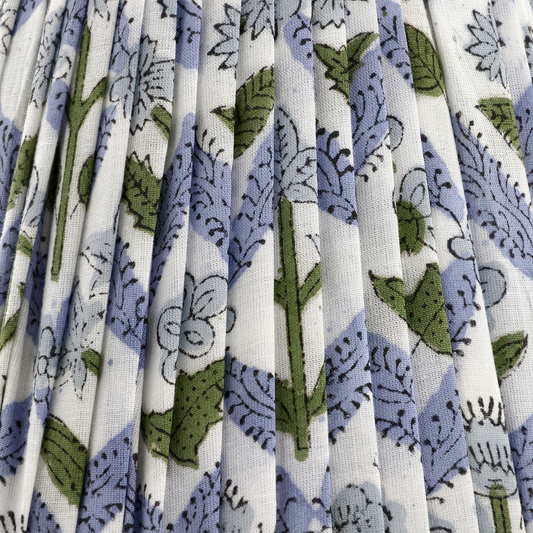 Close-up of pleated fabric with blue and green floral pattern