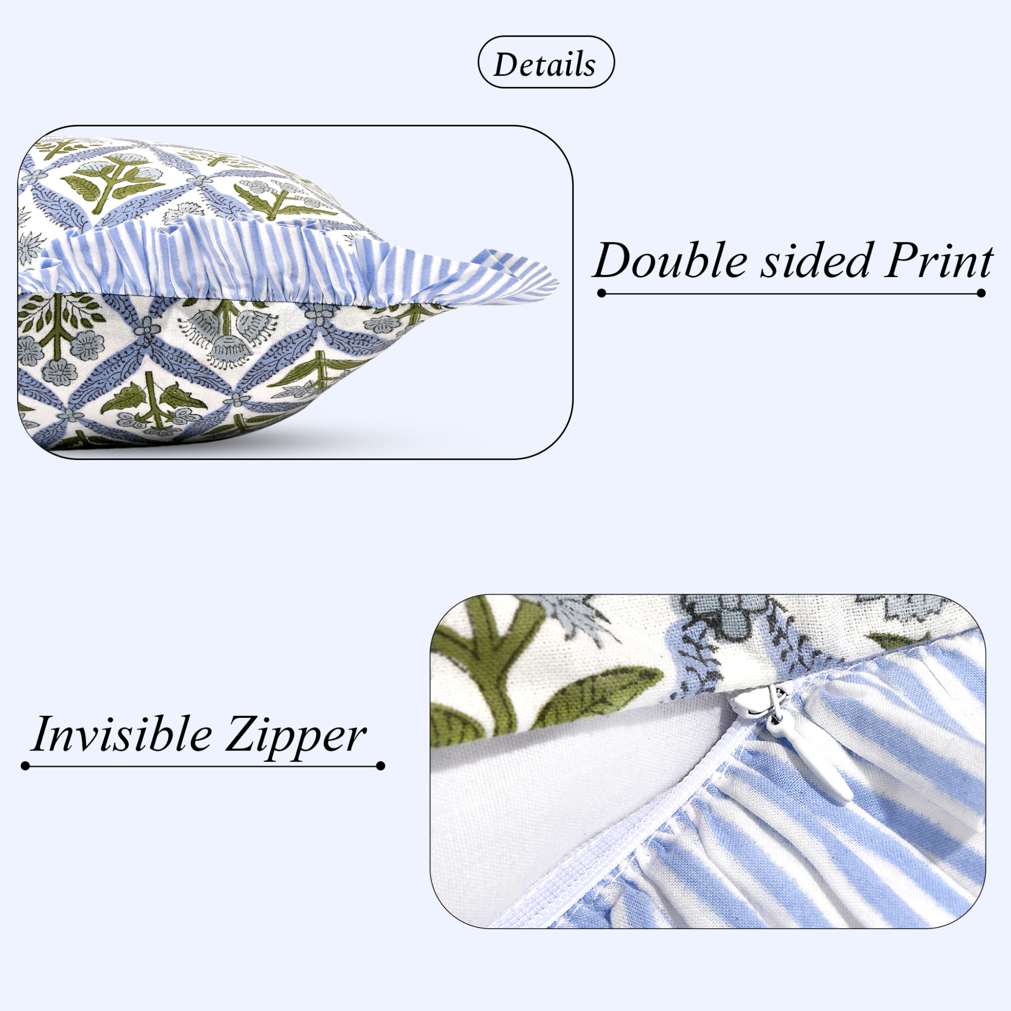 Product with double-sided print and invisible zipper on a white background