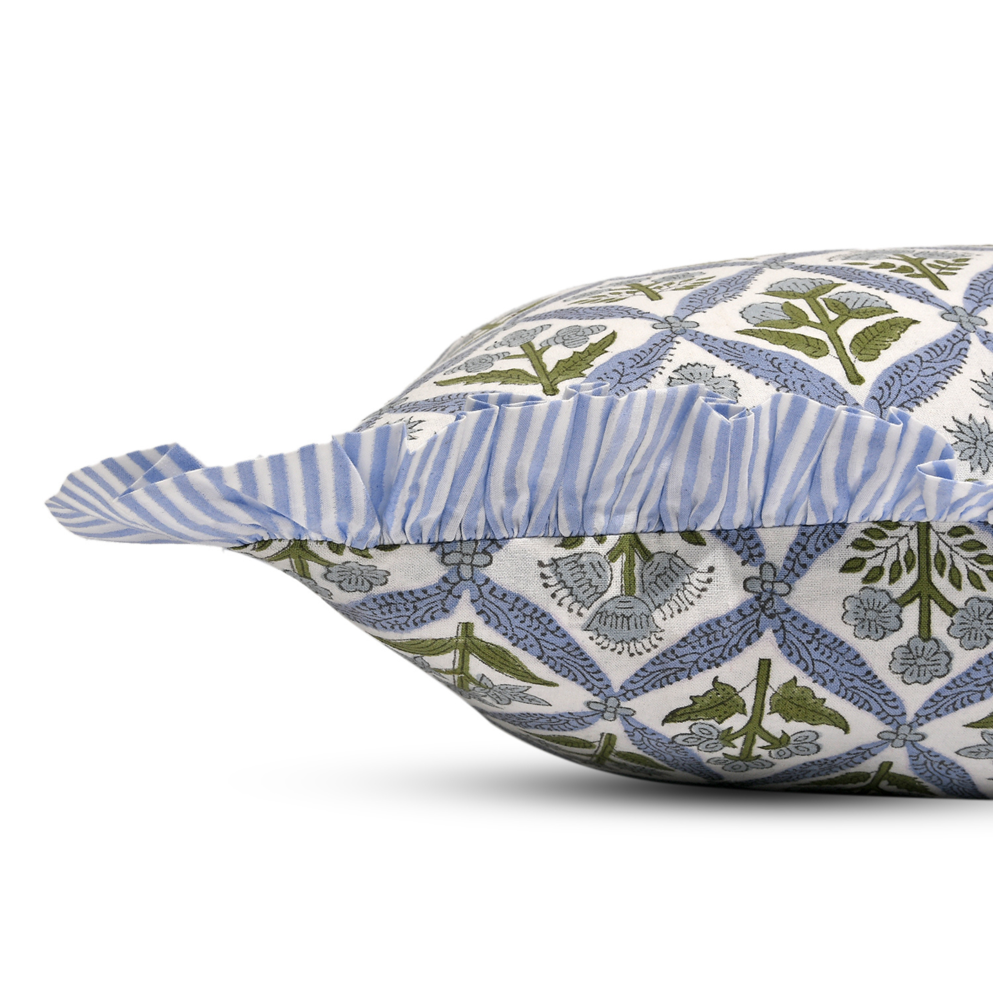 Decorative pillow with blue and green pattern on a white background