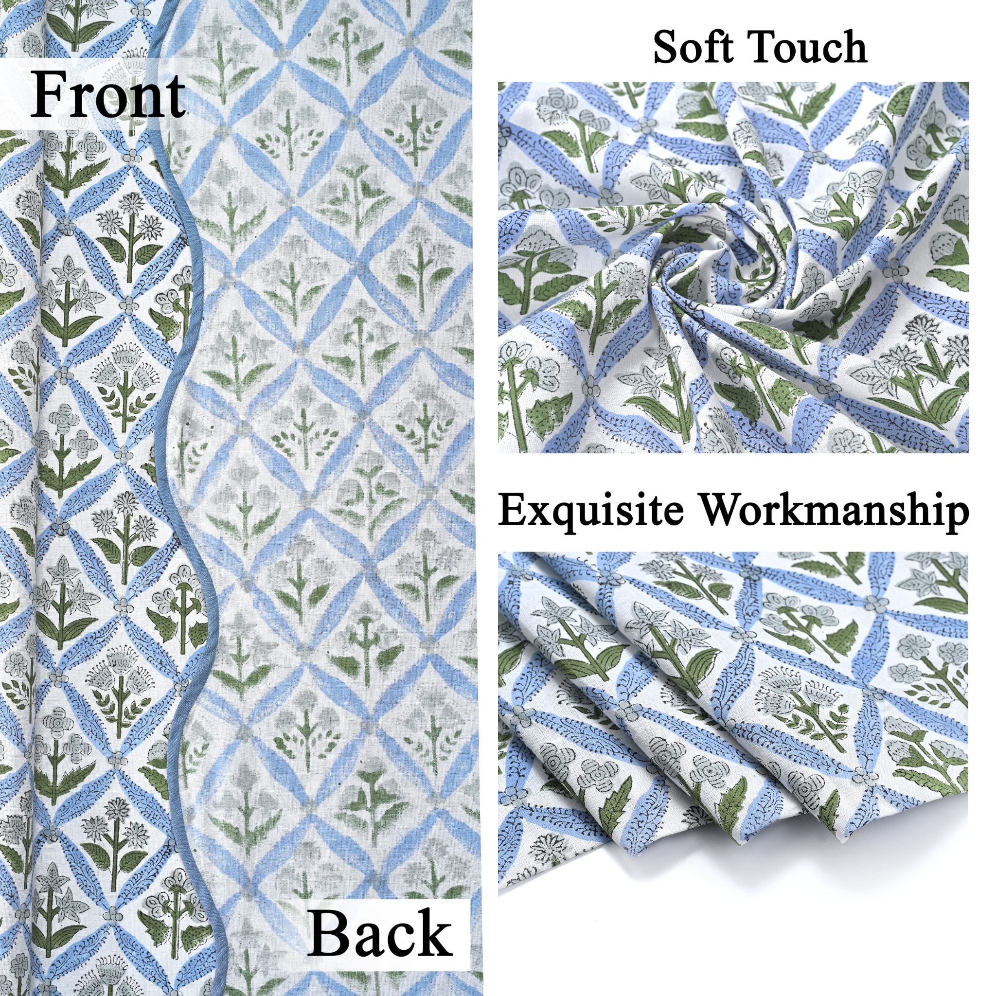 Fabric with blue and green pattern, showing front and back views with text on soft touch and workmanship.