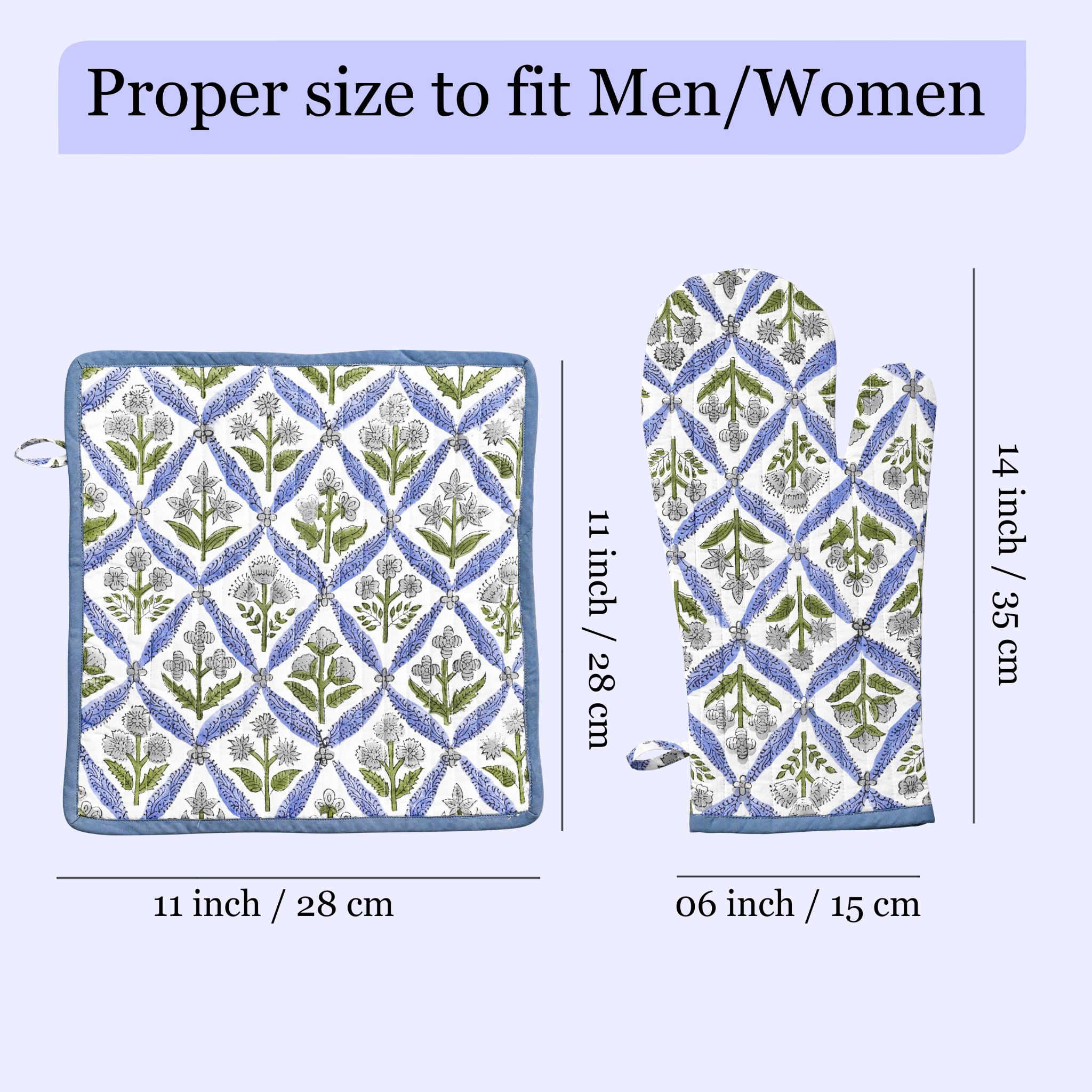 Set of patterned pot holder and oven mitt with measurements on a light purple background