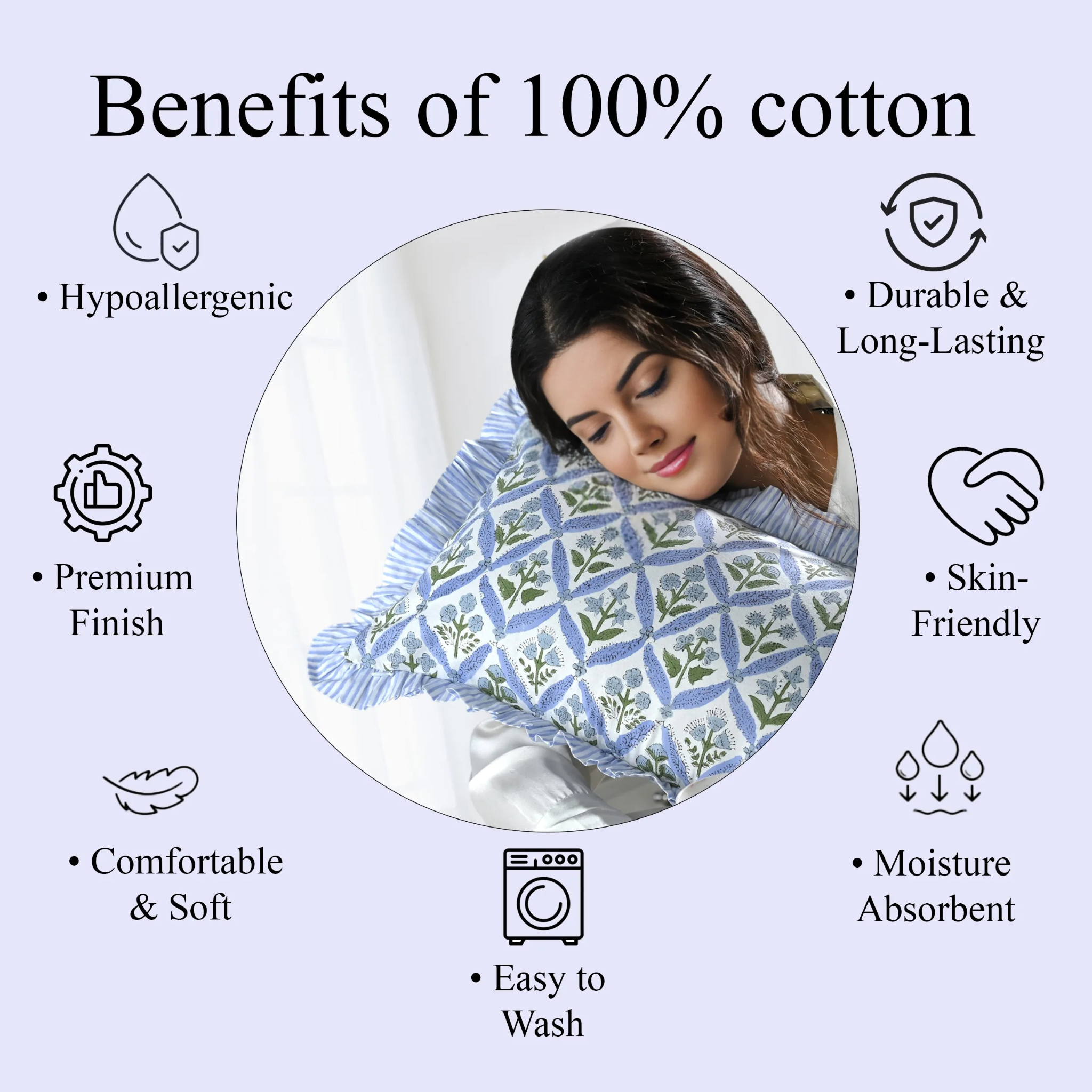 Woman sleeping with a patterned pillow, surrounded by text listing benefits of 100% cotton.