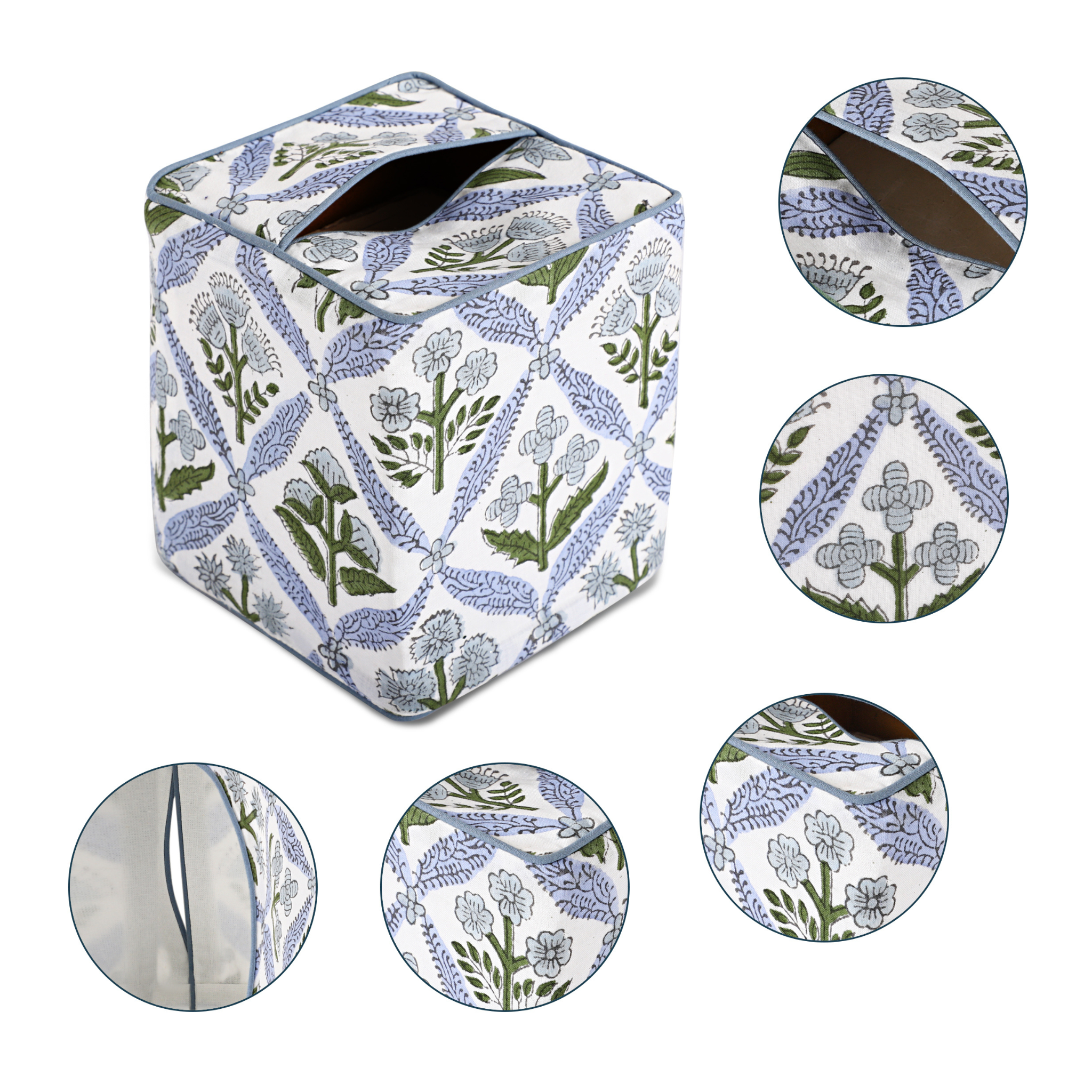 Hexagonal tissue box cover with floral pattern on a white background