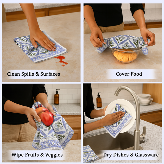 Reusable cloth absorbing spills, covering food, wiping fruits and vegetables, and drying dishes.