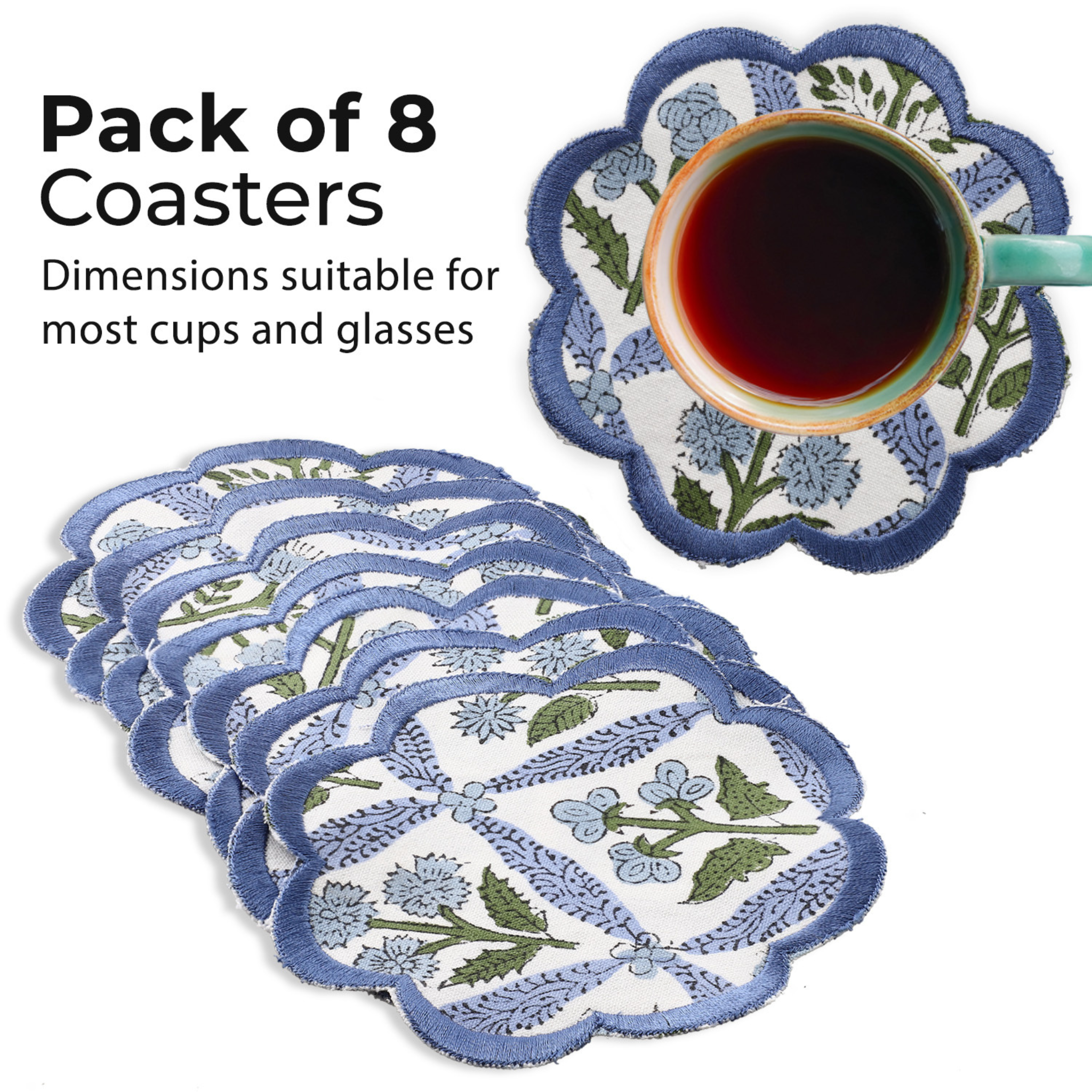 Pack of 8 floral coasters with a cup of tea on a white background