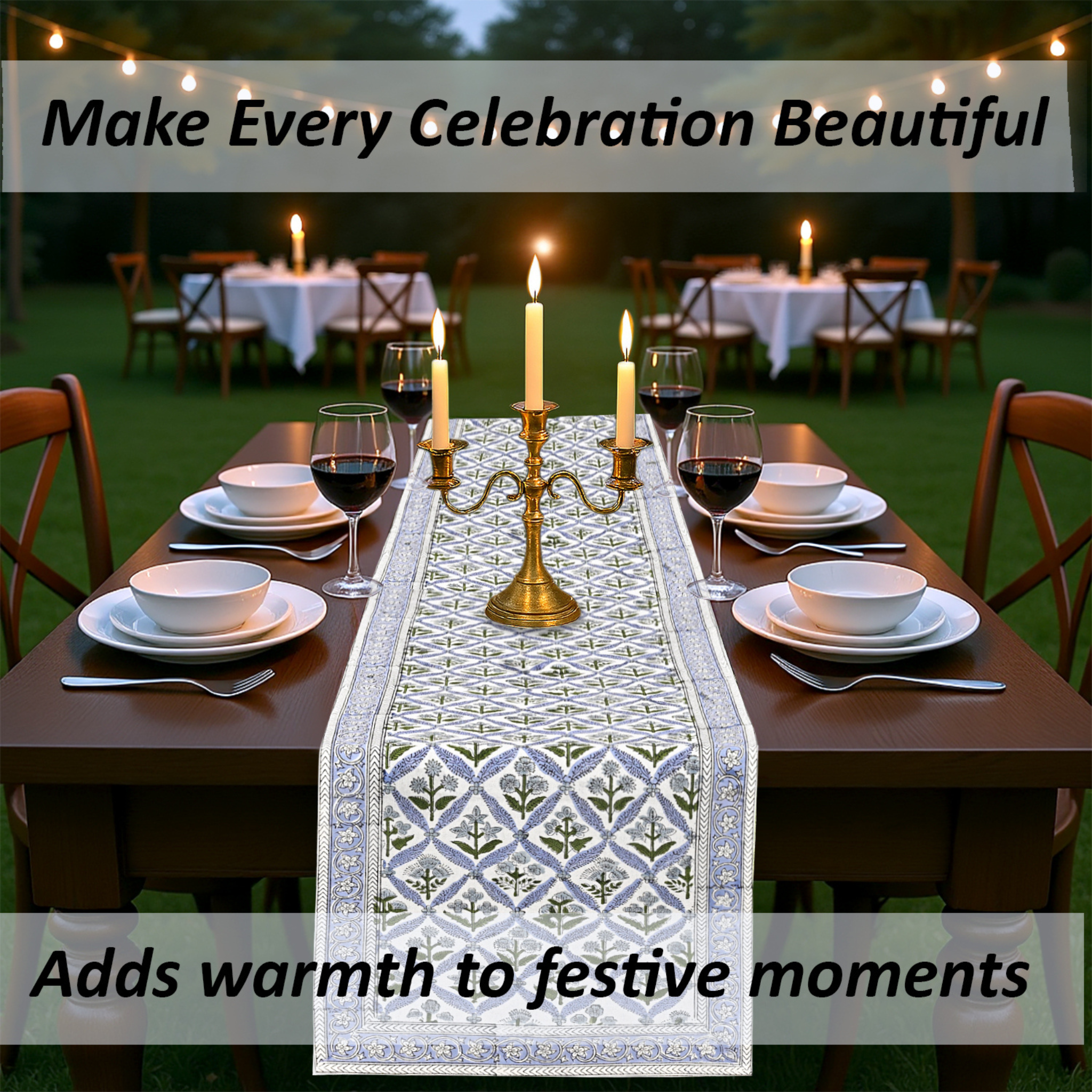 Dining table set for a celebration with candles and a decorative table runner, text overlay about making celebrations beautiful.