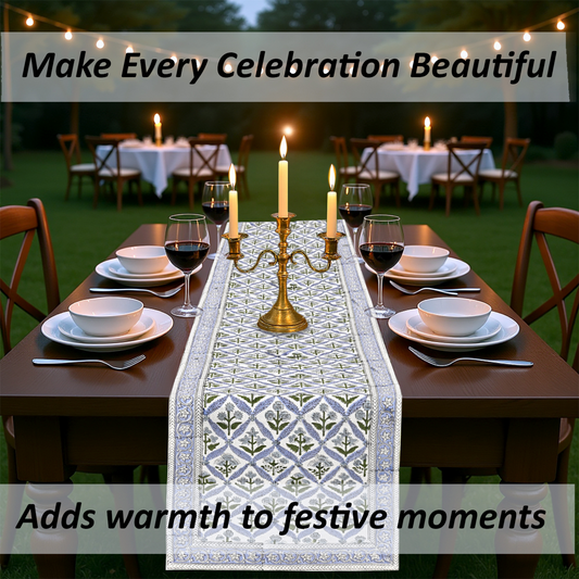Dining table set for a celebration with candles and a decorative table runner, text overlay about making celebrations beautiful.