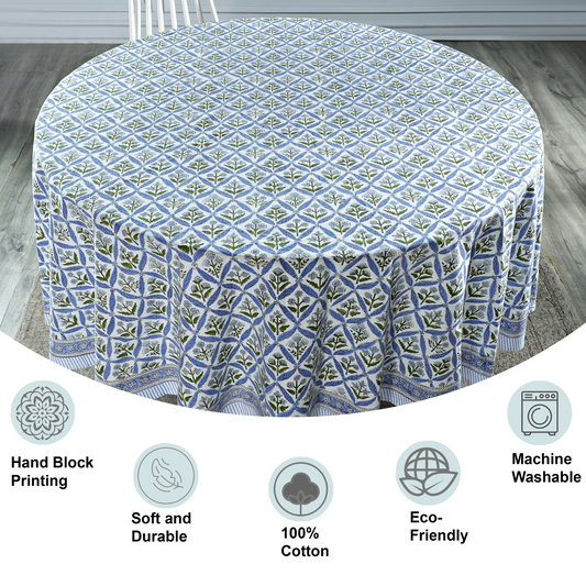 Round tablecloth with geometric pattern on a wooden floor, featuring icons and text about product features.