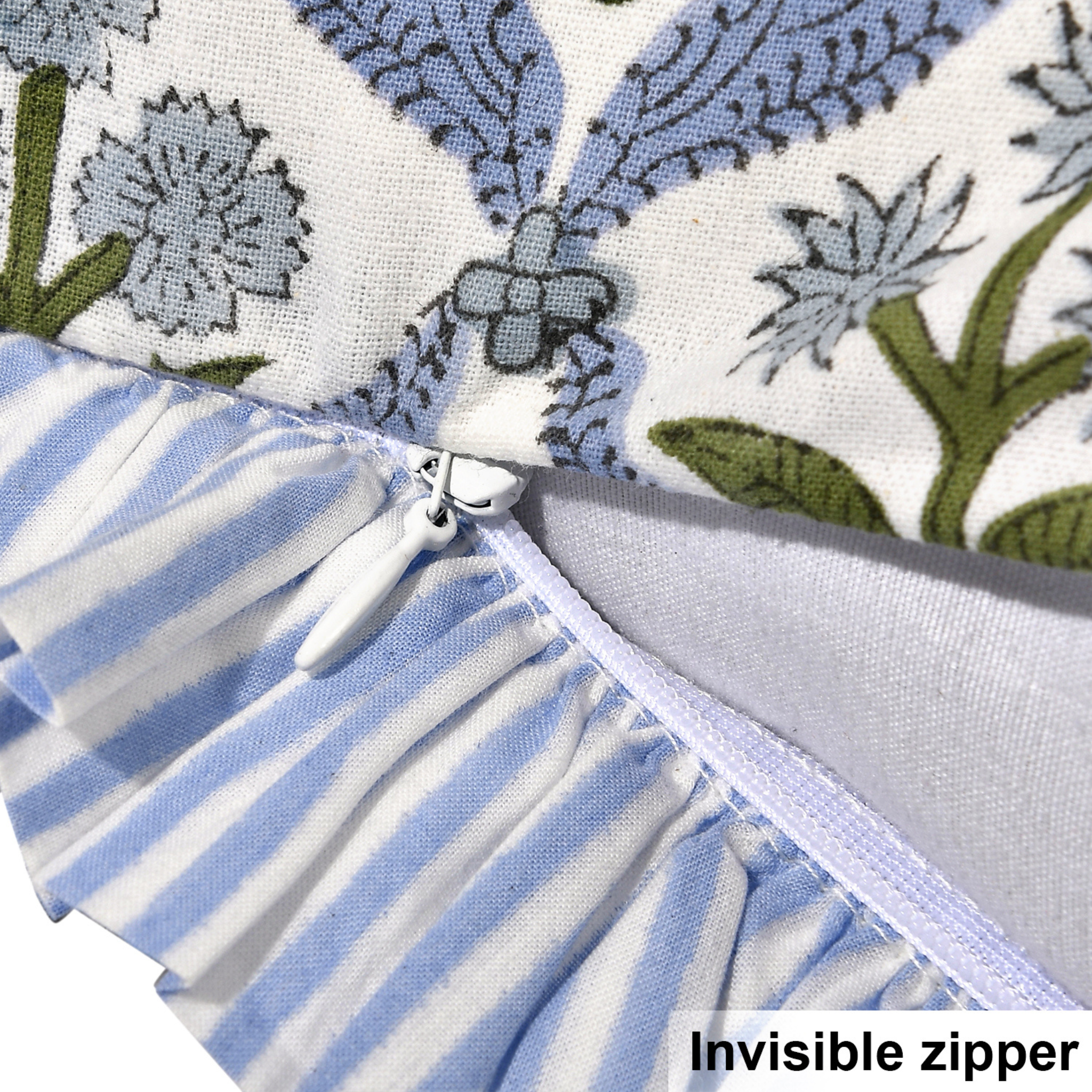 Close-up of a fabric with floral pattern and zipper, featuring 'Invisible zipper' text.