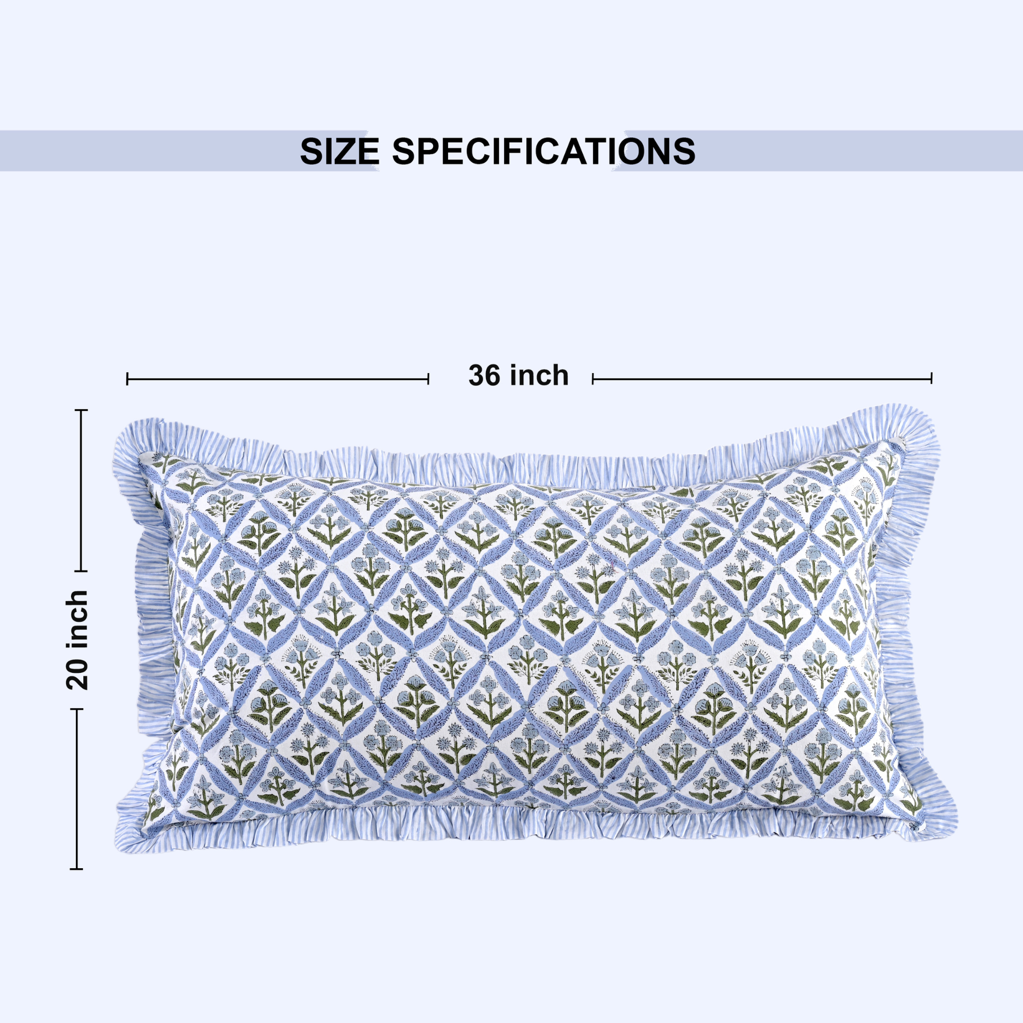 Pillow cover dimensions graphic: 36 inches by 20 inches.