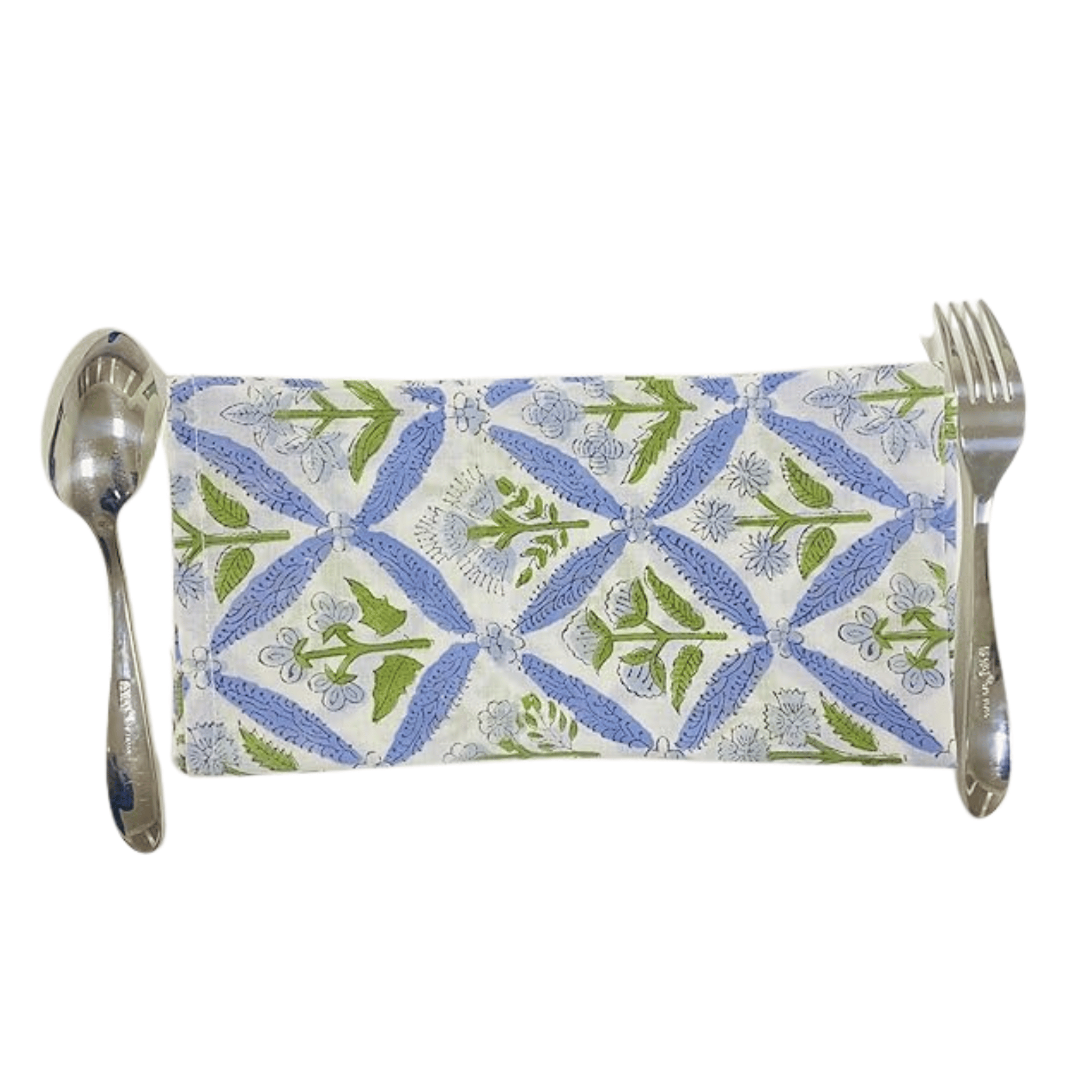 Patterned knife roll with spoon and fork on a white background