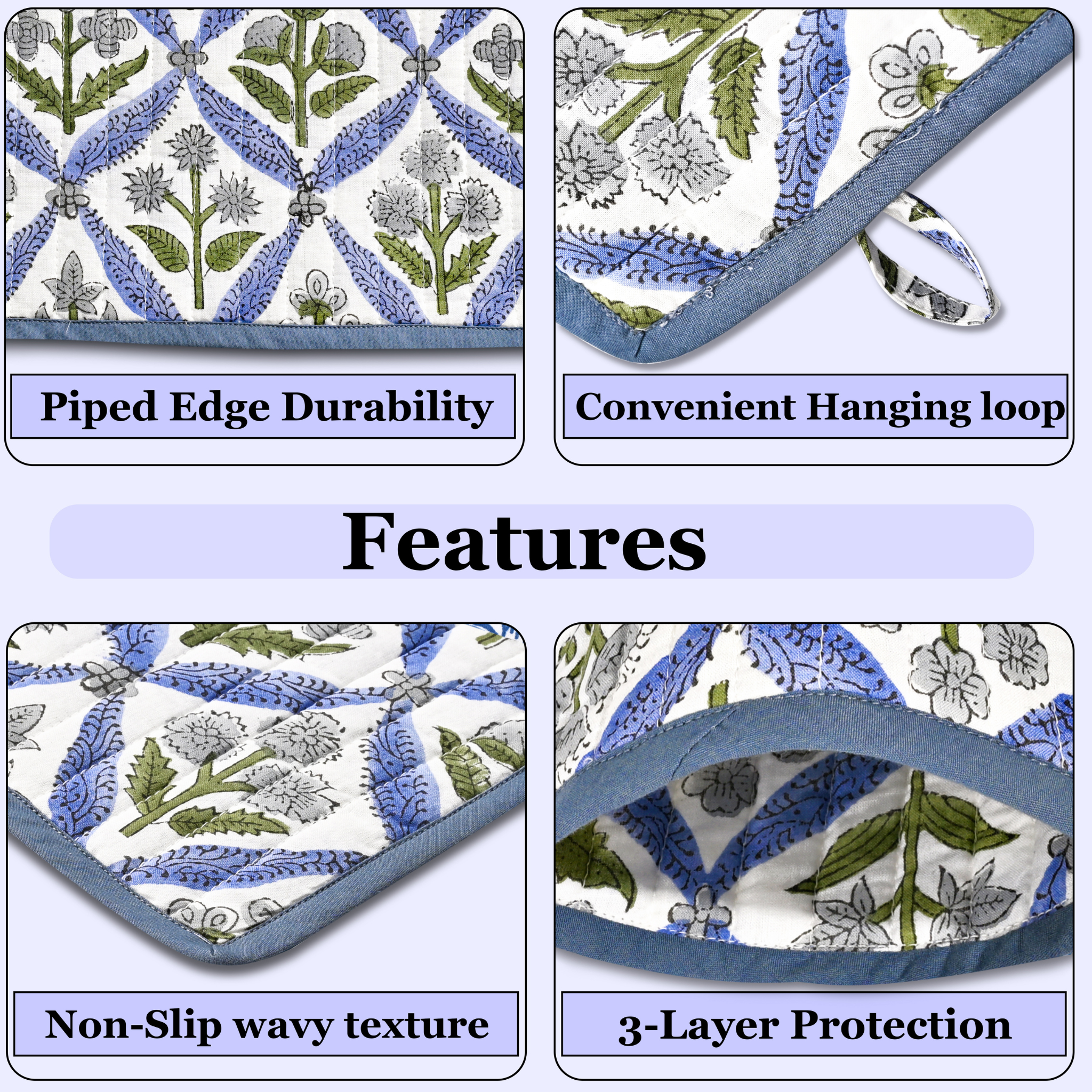 Product features with floral patterns and text labels on a light blue background