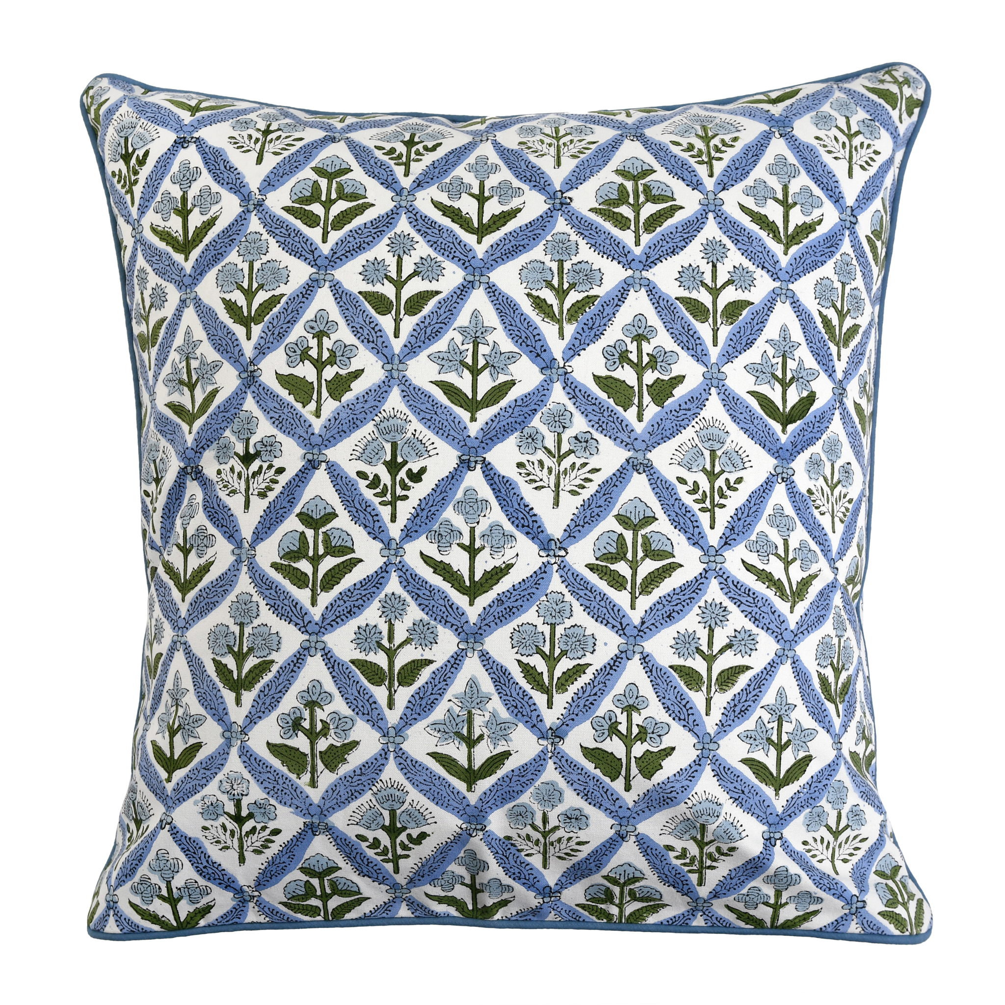 Decorative pillow with blue and green geometric floral pattern on a white background