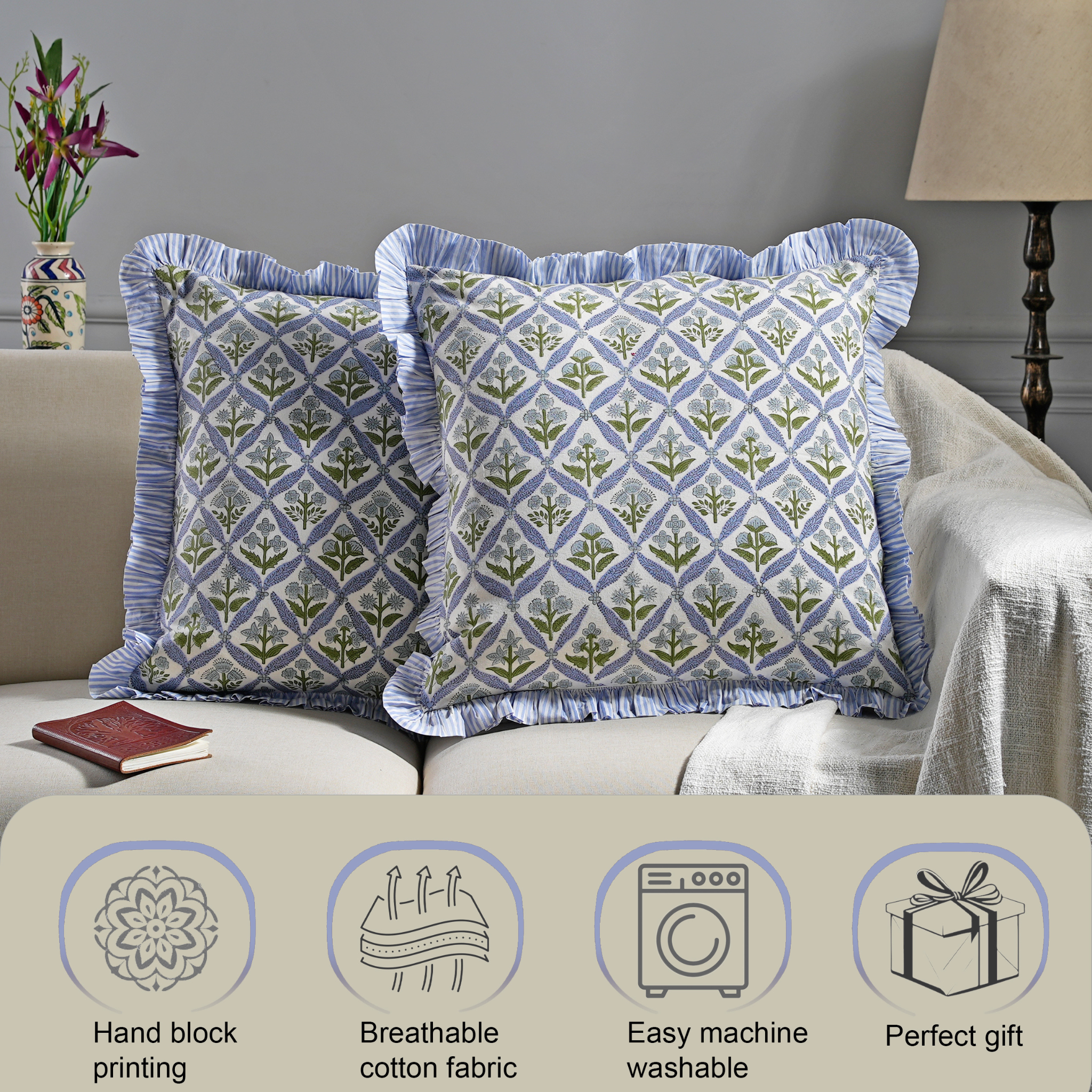 Decorative pillows with geometric pattern on a sofa, featuring icons and text about product features.