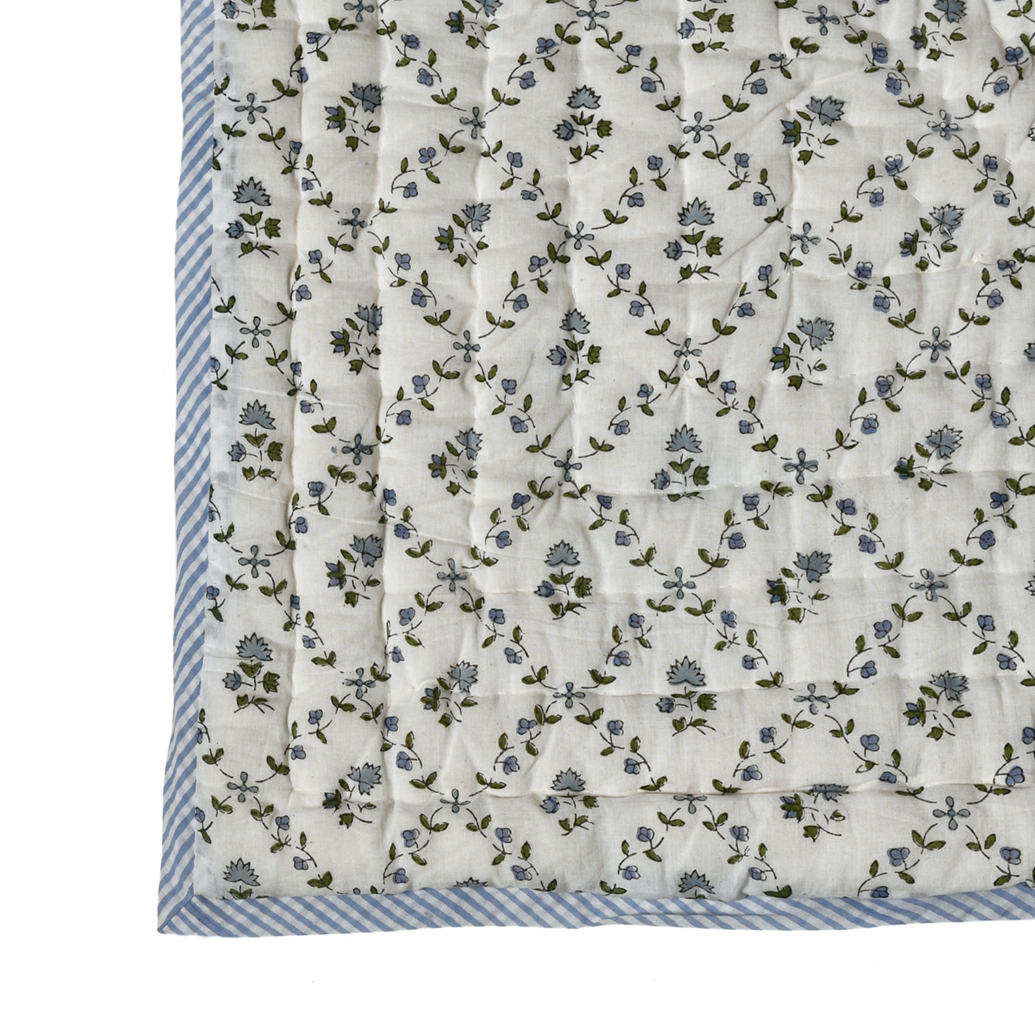 Floral patterned quilt with blue and green accents on a white background