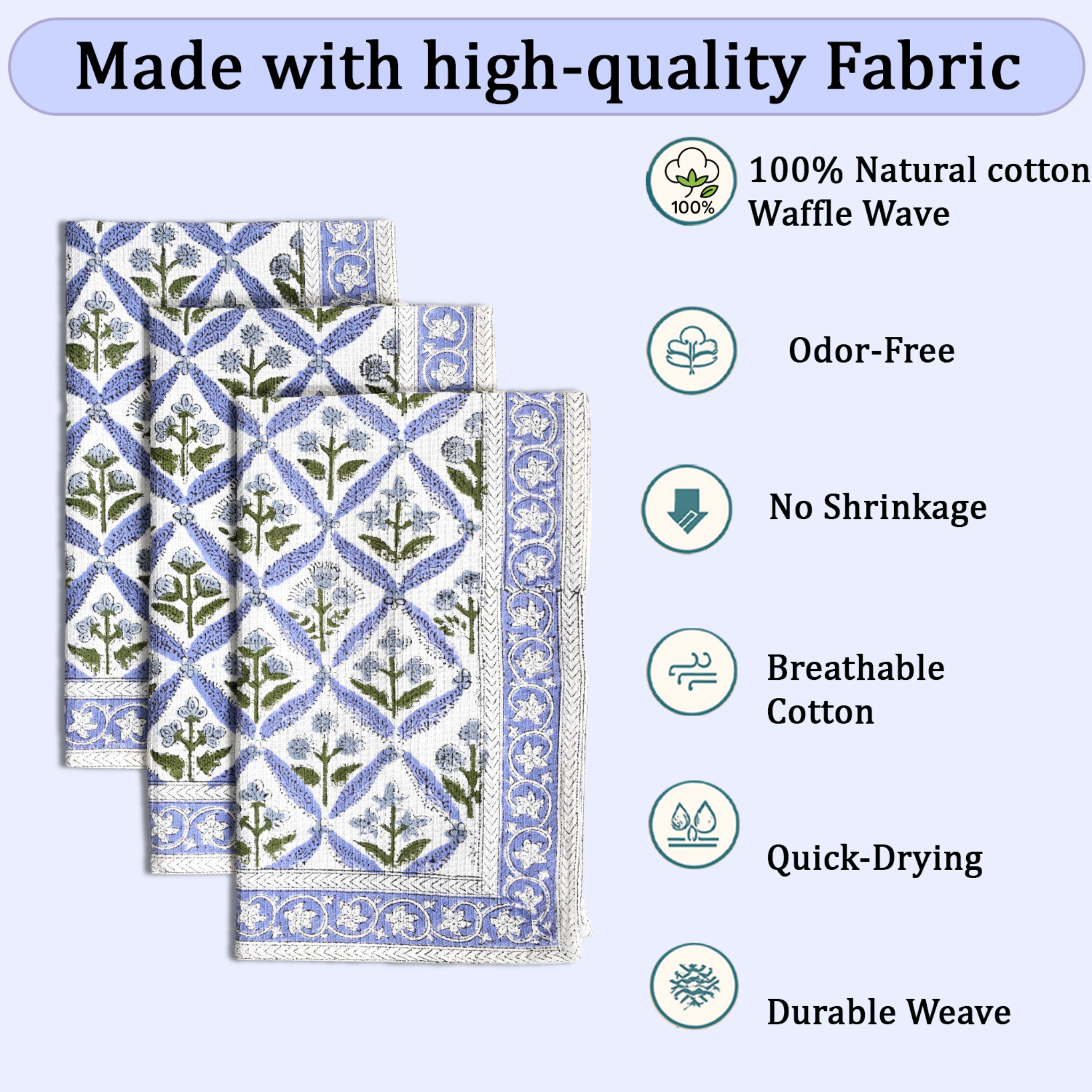 Set of three floral-patterned towels with text highlighting fabric qualities on a white background.