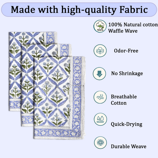 Set of three floral-patterned towels with text highlighting fabric qualities on a white background.