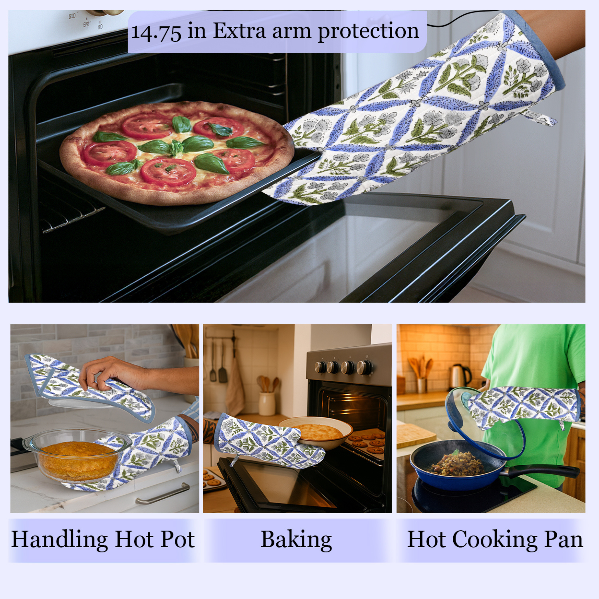 Oven mitt being used to handle a pizza, hot pot, baking dish, and hot cooking pan with text on arm protection.