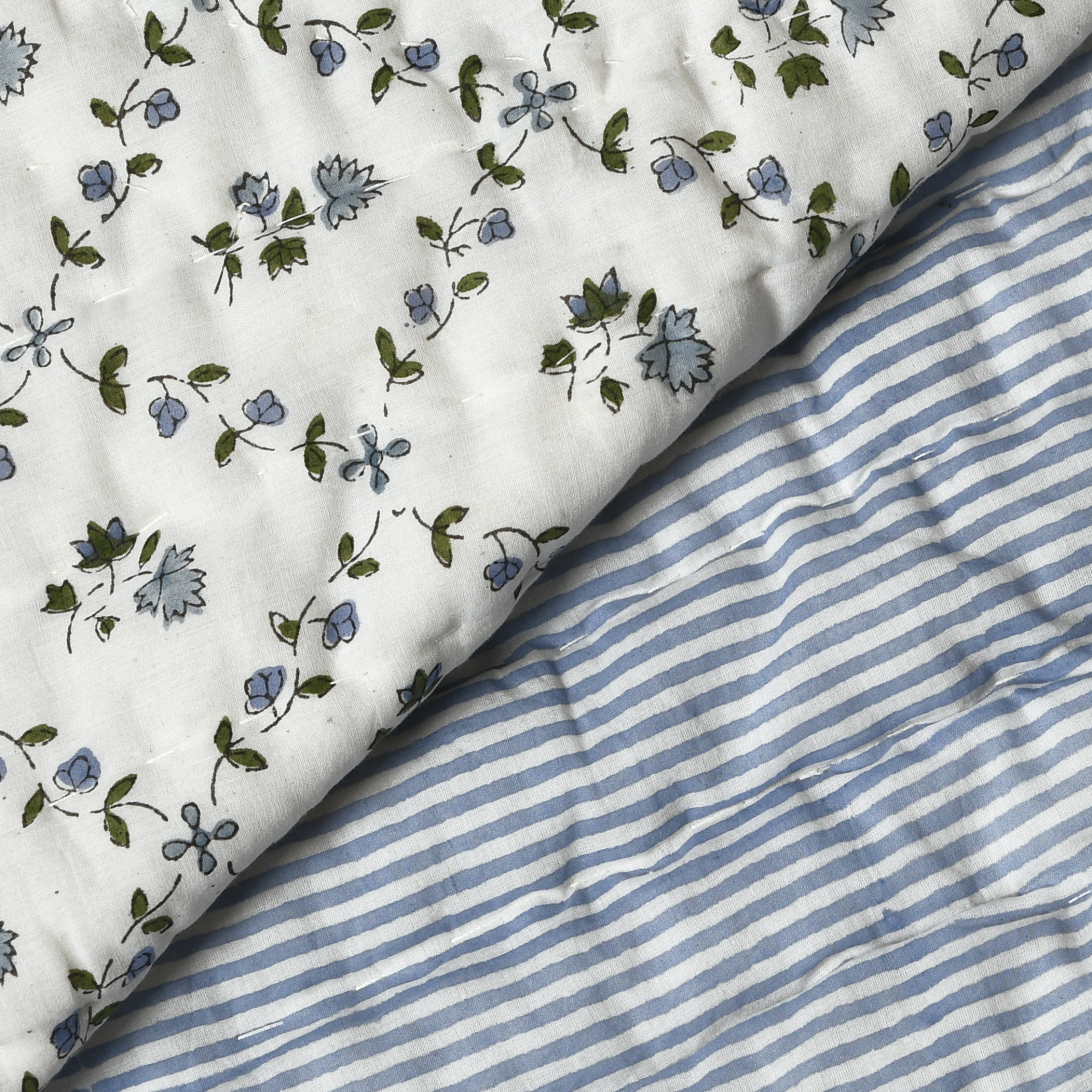 Two fabric swatches: one with a floral pattern and the other with blue and white stripes.
