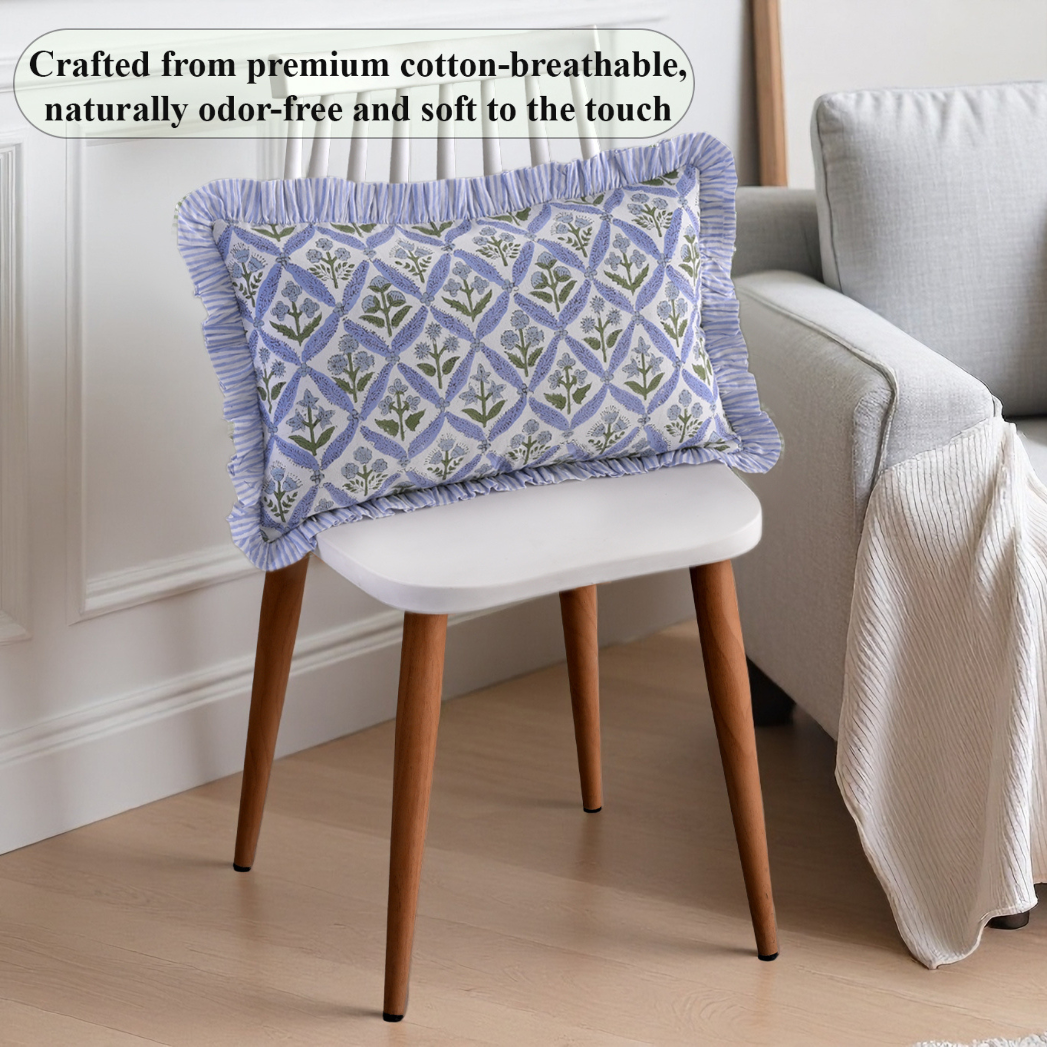 Decorative pillow on a chair with text about material properties