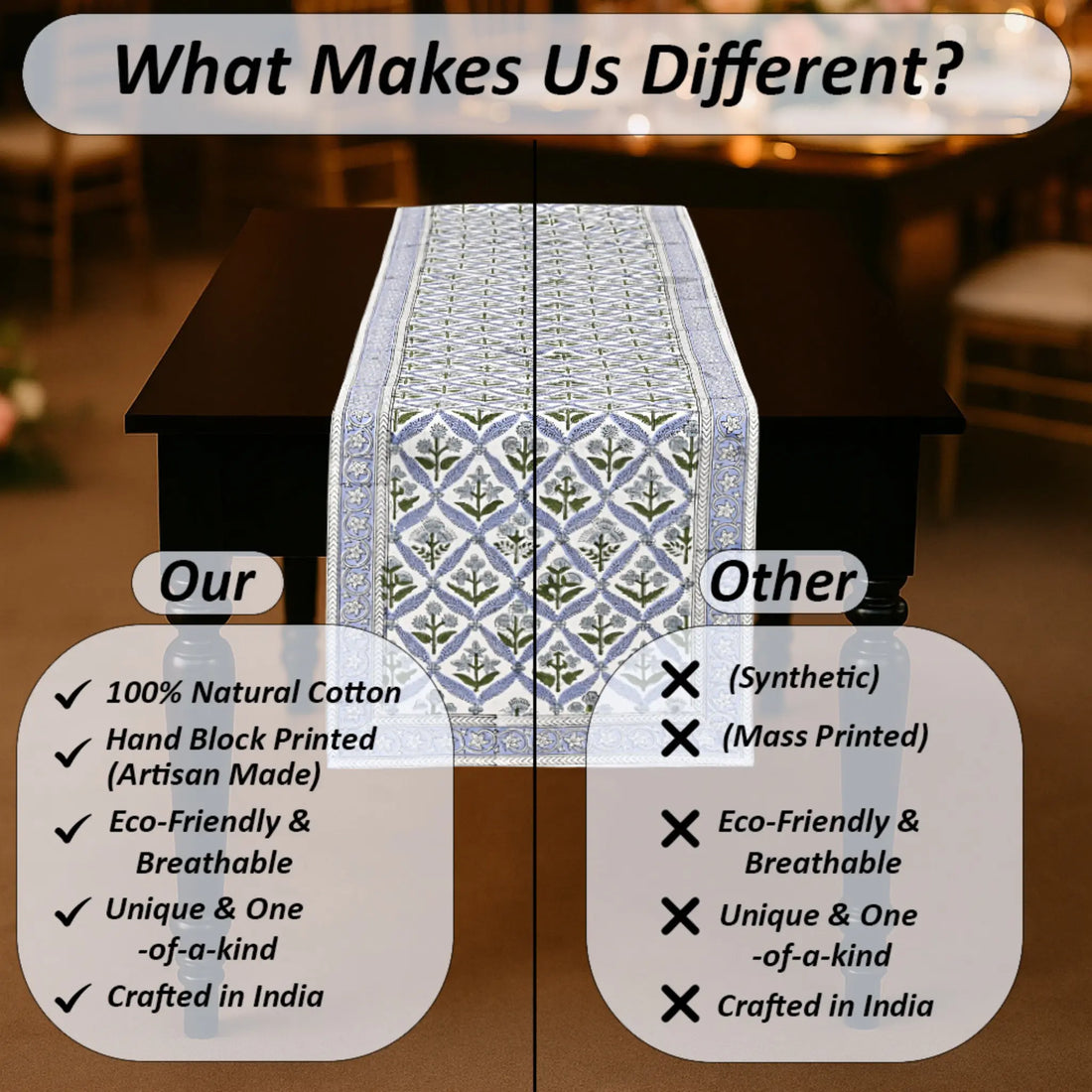 Table runner with text comparing natural cotton products to synthetic ones, set against a blurred indoor background.
