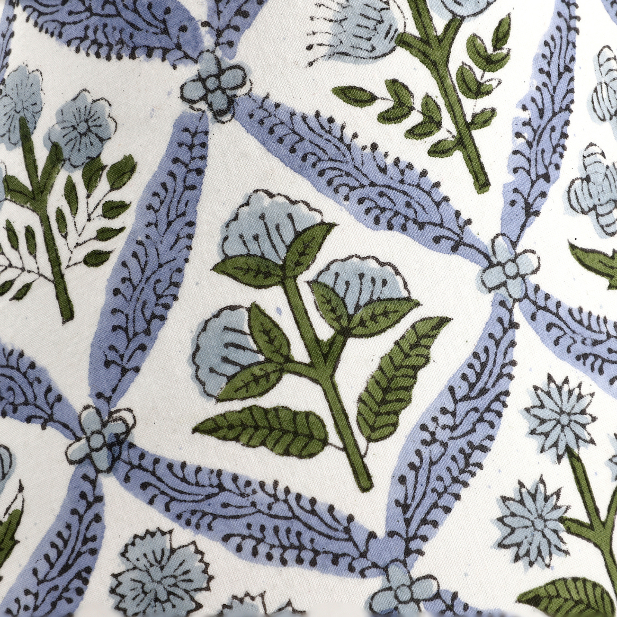 Patterned fabric with blue and green floral design on a white background