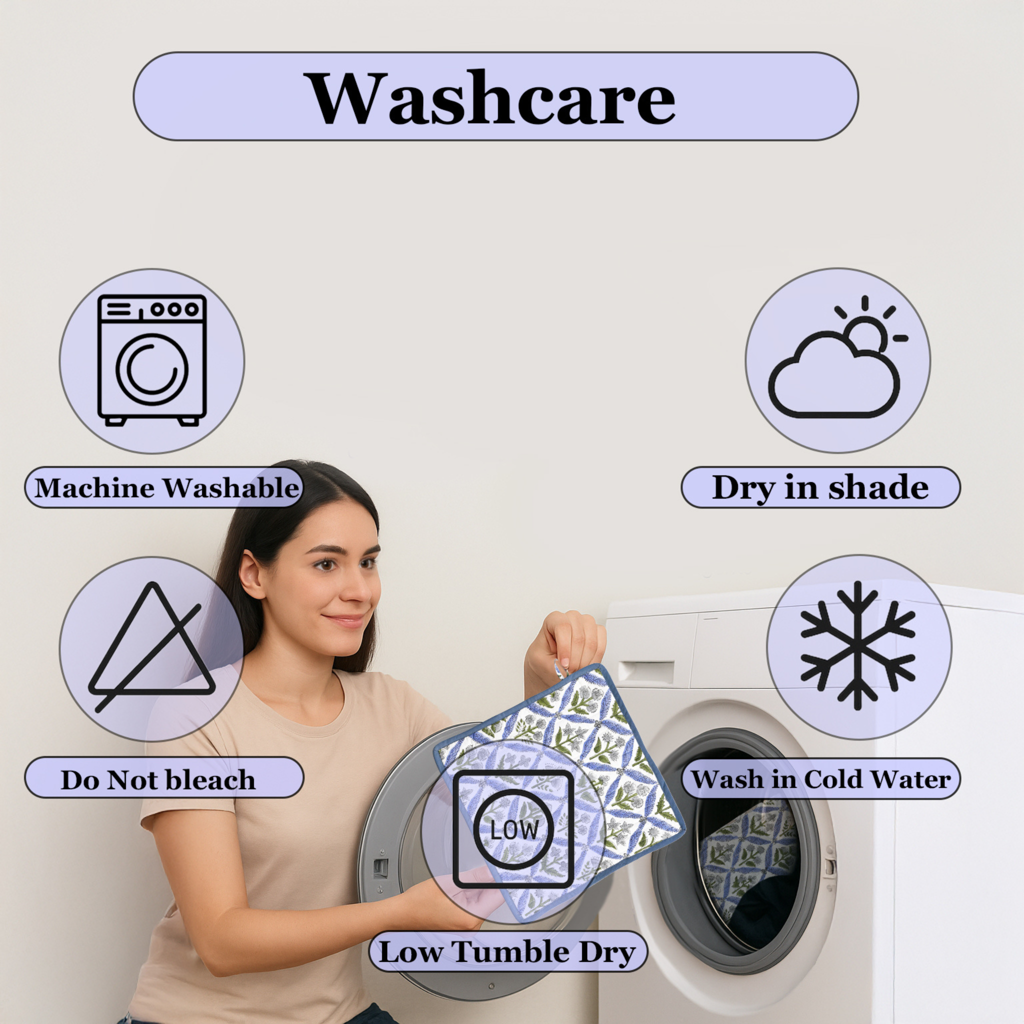 Woman holding a fabric with washing care symbols displayed around her.